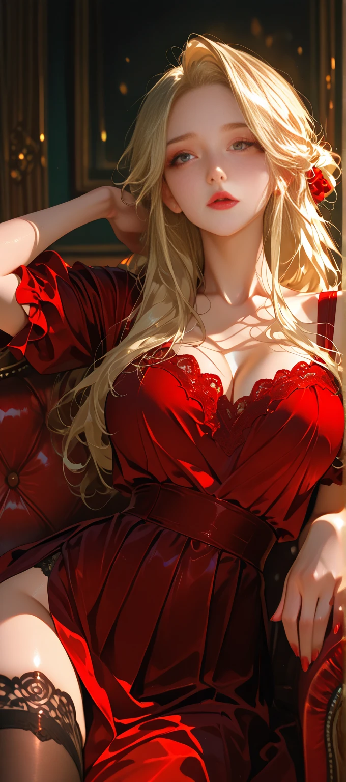 ( Ultra Masterpiece, Best quality ), Detailed Face + eyes, beautiful eyes, (Absurdres), (Anime), (Skindentation), (Best shadow), ((Anime)), /(Kamidere face)/, /(Kamidere looks)/, (Perfect face)+, Huge breasts, Very curvy, ( curly blonde hair), long hair, Beautiful hairstyle, (brown eyes), Full lips, ( angry face, frown, warm smile ), ((beautiful character design)), At home, ( Intricate Clothes ), BREAK, Professional photo, (Thick thighs), Big breasts, Ray tracing, (Perfect face)+, Octane render, good looking top, ((red) pj top: 1.3), good-looking shorts, ((red) pj shorts: 1.2), ( cleavage ), medium breasts, (Soft skin), (healthy body), 1 Female, (bold and assertive pose), (Very sexy+, Gorgeous woman+, young beautiful woman+), BREAK, ( Sitting down, Facing the viewer, looking away ), ((Kamidere))+