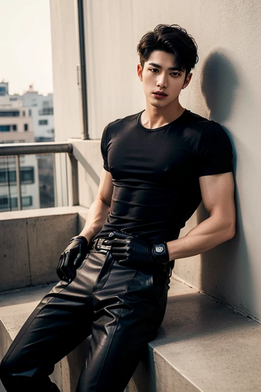1 male sports student,black leather,Live-action style,Bare topless,Eight-pack abs,White,legs spread,18 year old boy feeling,脚上穿White运动长袜,Sitting on the ground with two knees,The lower body is slightly convex