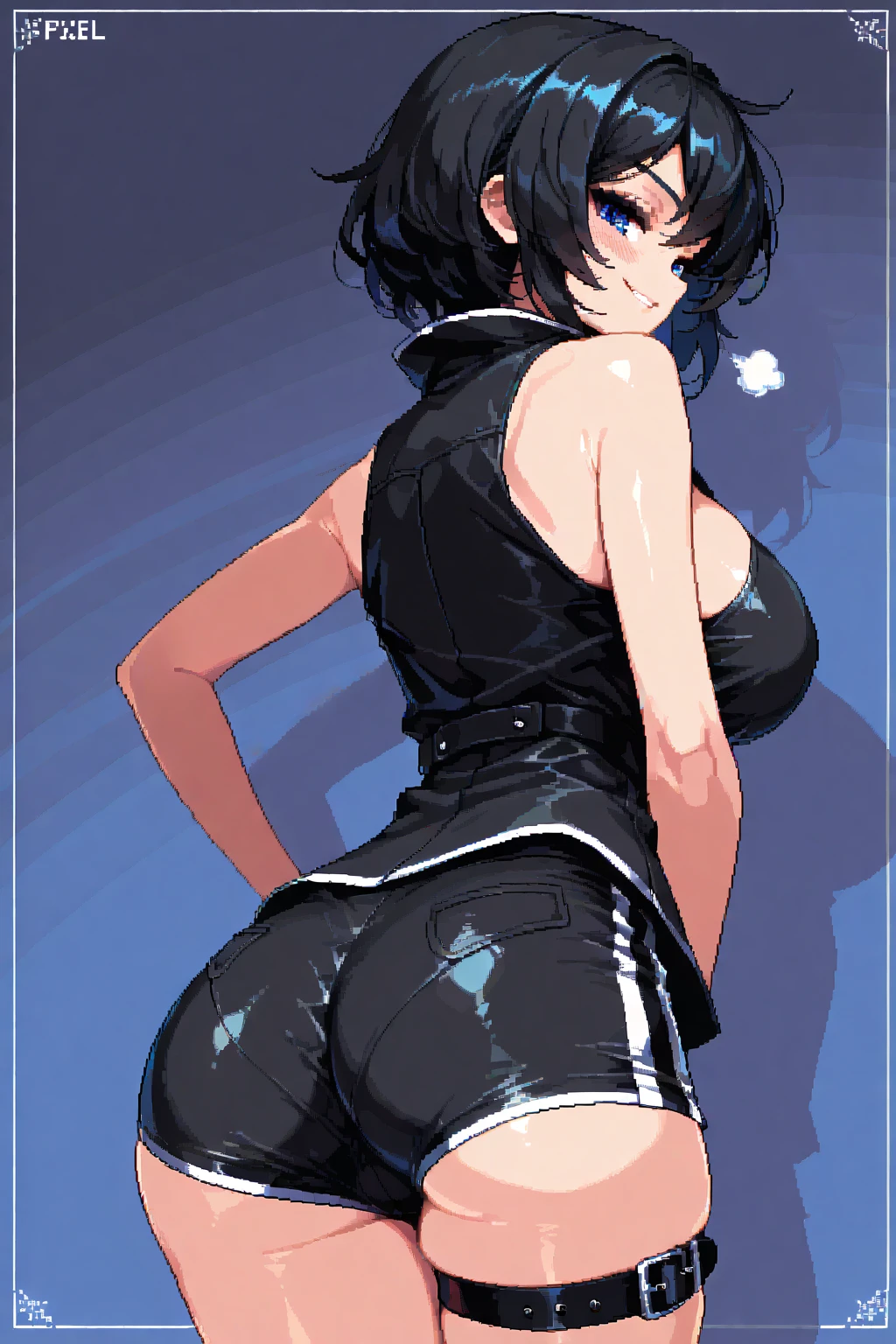 (best quality,ultra-detailed,realistic:1.37),sexy,perfect sensual body (large breast) [voluptuous],nice butt,girl,short black hair,mid-length dress,bright blue eyes,night sky background