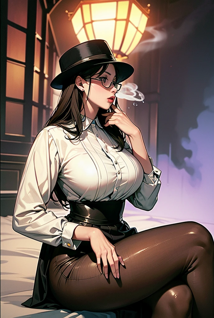 Best Quality, masterpiece, horny secretary, Wearing glasses, big tight, mama, wearing corset, tight black skirt and stockings, ultra high resolution,detailed background,realist,hades style,Alone,women,maduro,Only,maduro,mama, female, long black hair, \(him\),dark fantasy,devil,depth of field
