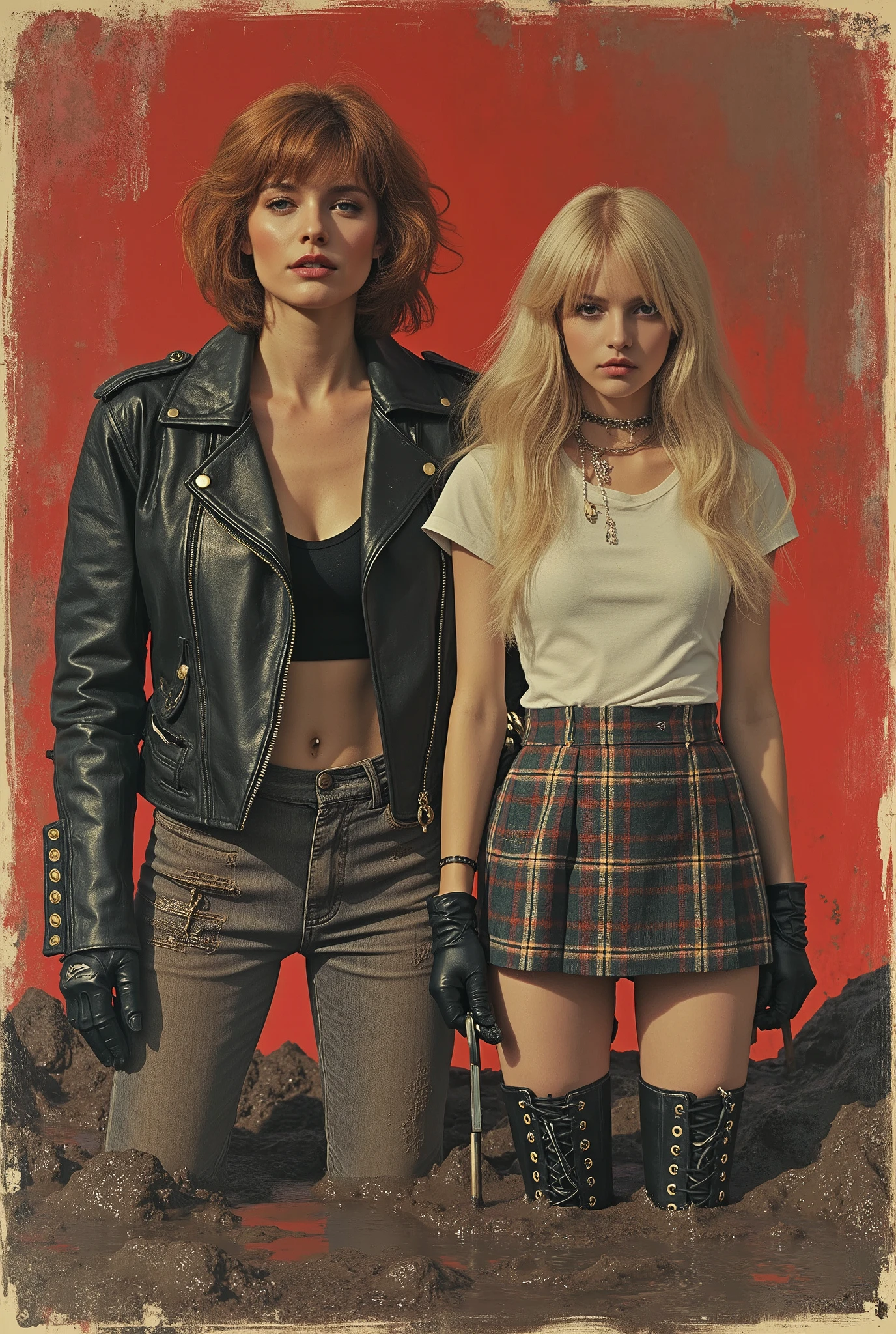 1970s exotic erotic style poster illustration, (1 woman, mid-aged, 40 years old, with bags under her eyes, copper-brunette short haircut, in a faded rough leather torture jacket with laces and faded ugly tight flared biker rough leather torture jeans with laces, gloves) and (1 girl, fragile, 20 years old, long blond hair, sports T-shirt, Tartan skirt and over-knee boots, a gloomy expression of orgasm). drowning standing in sludge bog, they have pale skin, dark orgasm.