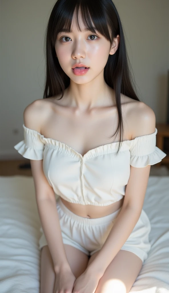 ((Realistic lighting, best qualtiy, 8K, tmasterpiece:1.3)), sharp focus:1.2, 1girl, Beautiful Women with Perfect Figure:1.4, Slim abs:1.1, ((dark brown hair)), (White crop top:1.4),(exteriors,during night:1.1),Sit on the indoor bed,Ultra-fine face,Fine eyes,double eyelid,Leaks out the entire delicate breast