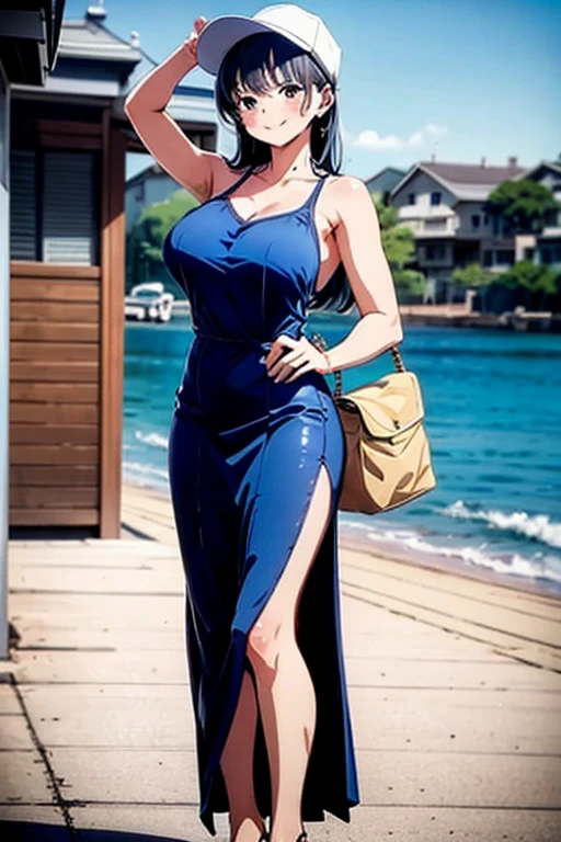 creates a 25-year-old anime girl in a yellow ballgown with wide hips and big breasts with a landscape of a park with tables