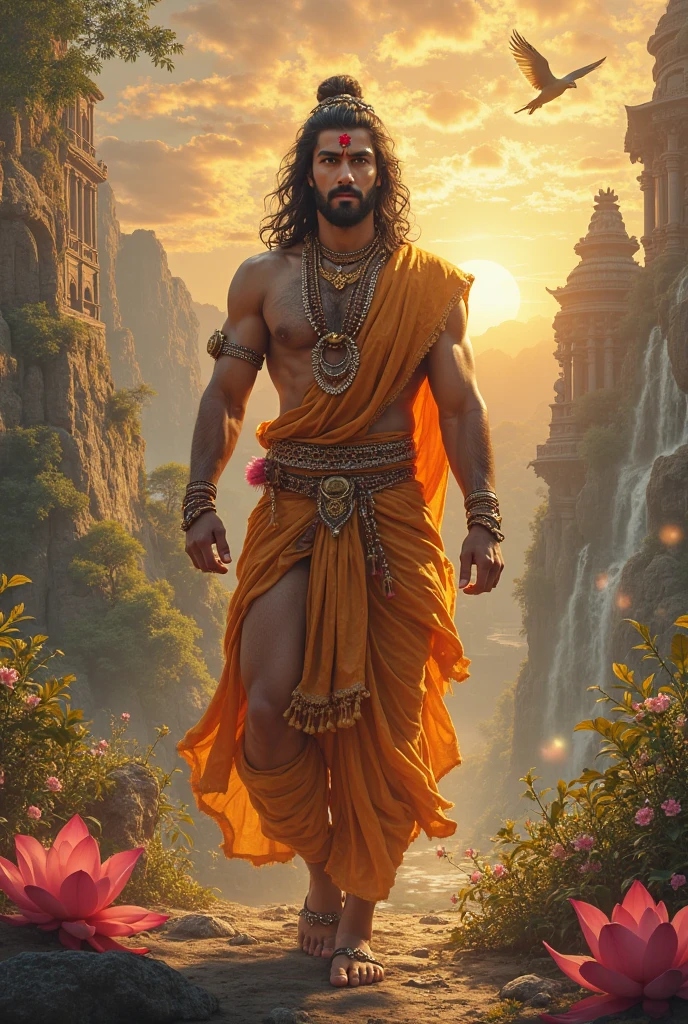 Create a high quality picture depicting Hanuman, the Hindu deity, standing on a rock with a radiant golden halo behind him. Hanuman should be portrayed with a muscular physique, wearing traditional attire and ornaments. A boy follower, dressed in orange robes Name Harish , is kneeling and praying in front of him, receiving Hanuman's blessing. The background should feature a serene, mountainous landscape with soft clouds and a warm, ethereal light illuminating the scene.