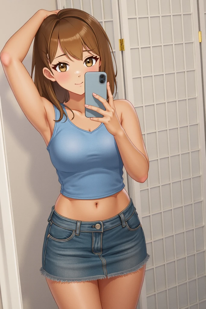 A beautiful girl taking a selfie with her phone, anime girl, inside the house, from behind, brown hair, gradient hair with red tips, long hair, twintails, wavy hair, asymmetrical bangs, shiny hair, cat hair ornament, aqua eyes, glowing eyes, one eye closed, pupils sparkling, earrings, grin, blush, seductive smile, big rounds breasts, she takes a selfie with her phone, (selfie:1.5), shows her back, from below, nice and round buttocks, full body, dolphin shorts, pink camisole, high detail, anime, anime style, chiaroscuro, framed, pov, wide shot, panorama, atmospheric perspective, Wide-Angle, 85mm, Sony FE, 8k, super detail, UHD, retina, masterpiece, accurate, anatomically correct, textured skin, highres, best quality, 16k