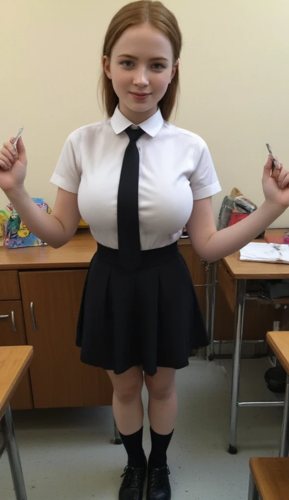 Gal School Girl Half naked Opening her dress to reveal her breasts and nipples high school girl No bra Narrow waist Abundant hips Ultra high definition high resolution masterpiece Real beautiful girl short hair High quality Japanese school classroom Perfect Style Academy