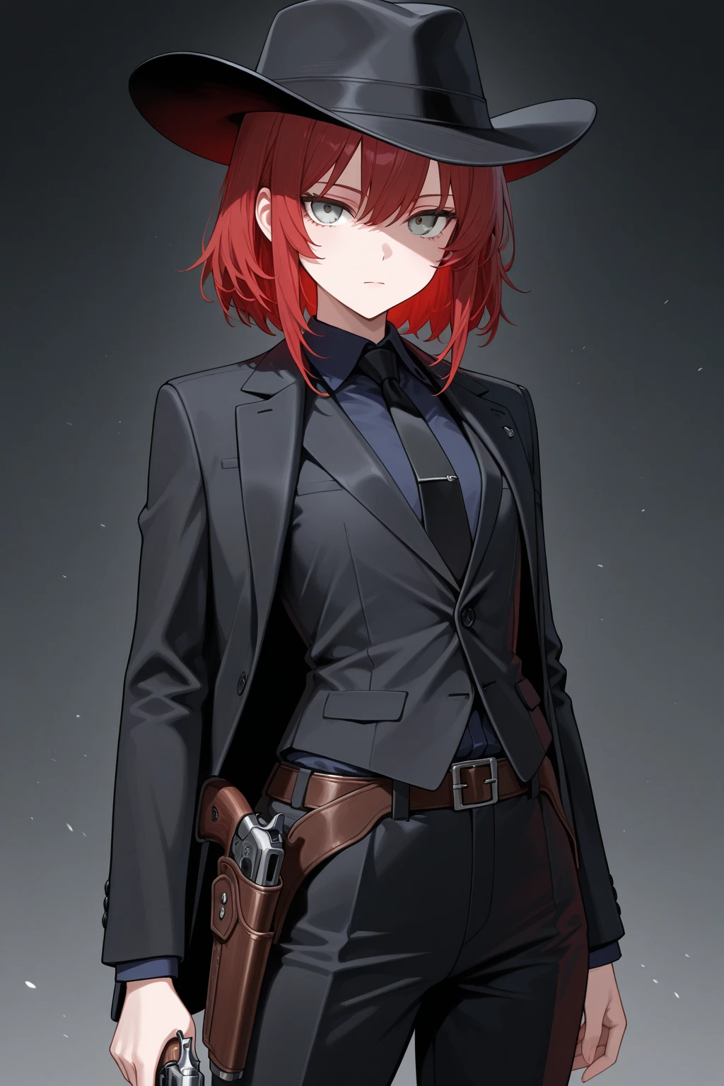 (masterpiece, best quality:1.2), bazett, fgo, 1girl, solo, short hair, red hair, bangs, red eyes,  large breasts, black gloves, formal suit, necktie, jacket, upper body, earrings, 