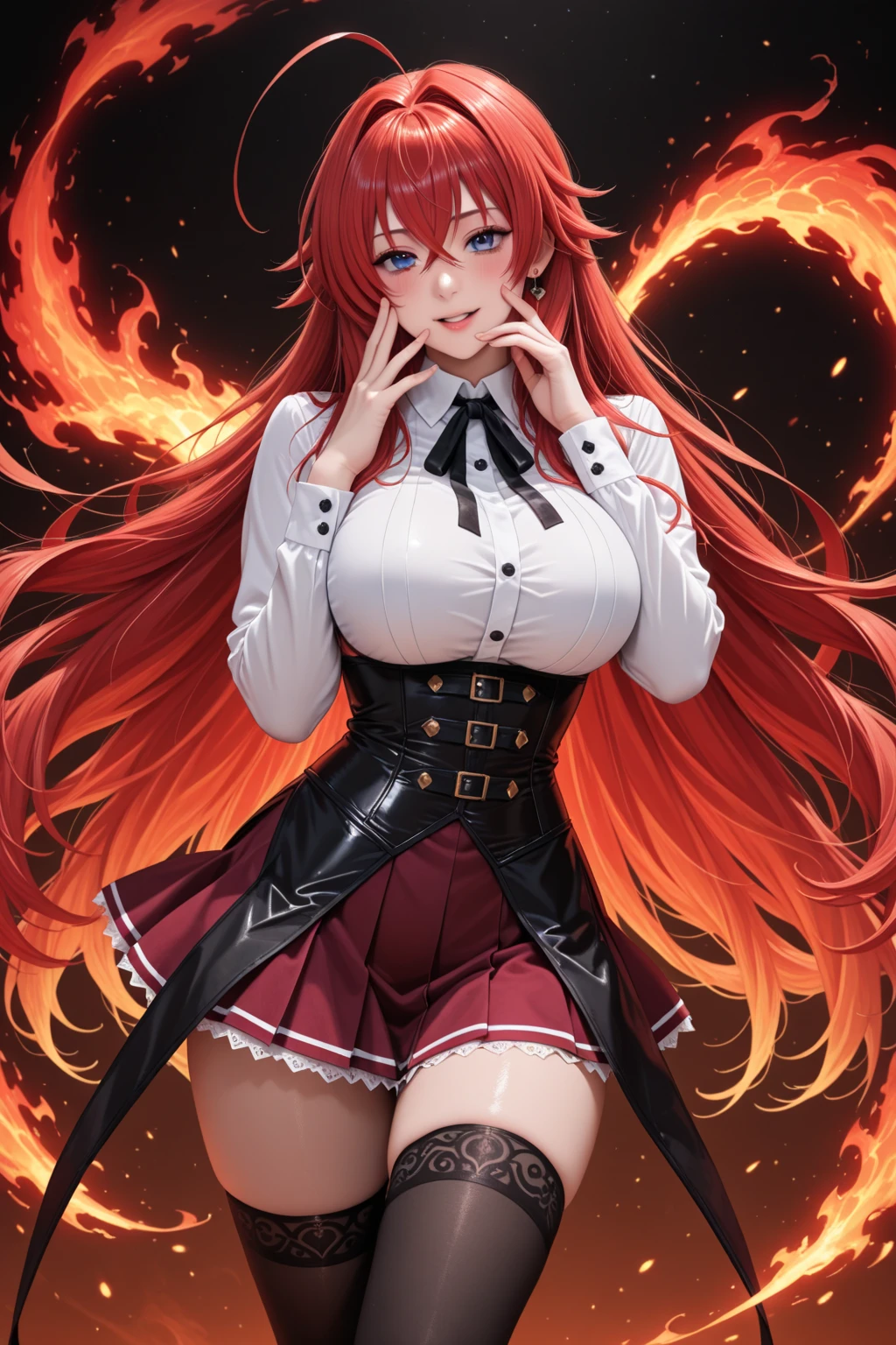 Ray tracing,{Best quality}, {{Masterpiece}}, {A high resolution}, Original, Extremely detailed 8k wallpaper, {An extremely delicate and beautiful}, realistic hand, one girl, good body proportions, cowboy shot, blush, Extremely detailed face, Extremely detailed body, Extremely detailed hands, Extremely detailed eyes, beatiful eyes, glowing eyes,Extremely detailed background, high quality background,Ahri League of Legends,(((dark hair,blackhair))),(((kitsune girl,fox girl,fox tails,nine tails,multiple_tails,multiple tails))),(large breasts:1.9),(IncrsAhriAcademy),(((school sailor uniform))),(white shirt,dark blue skirt),25-year-old,seductive pose,(((smirk))),looking at viewer,(classroom in the background),sunset,golden hour