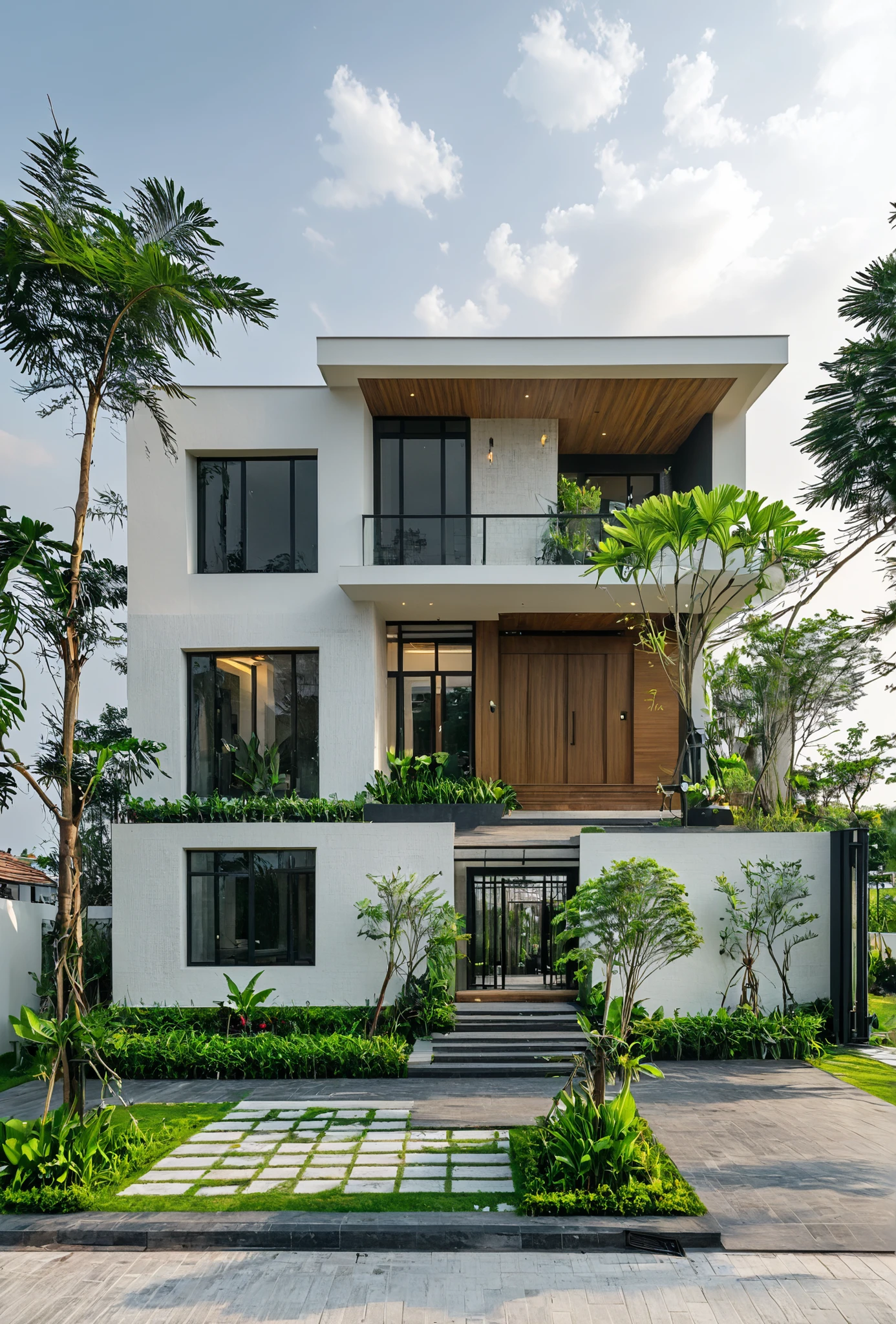 Masterpiece, high-end, best quality, authentic, super detailed, outdoor, aiaigroup, neoclassical villa style, stairs, white walls combined with conwood, wind encaustic tiles, green tiles, iron gates, conwood ceilings , flowers, path, summer evening, grass, trees, sky, clouds, (daylight: 1.1)