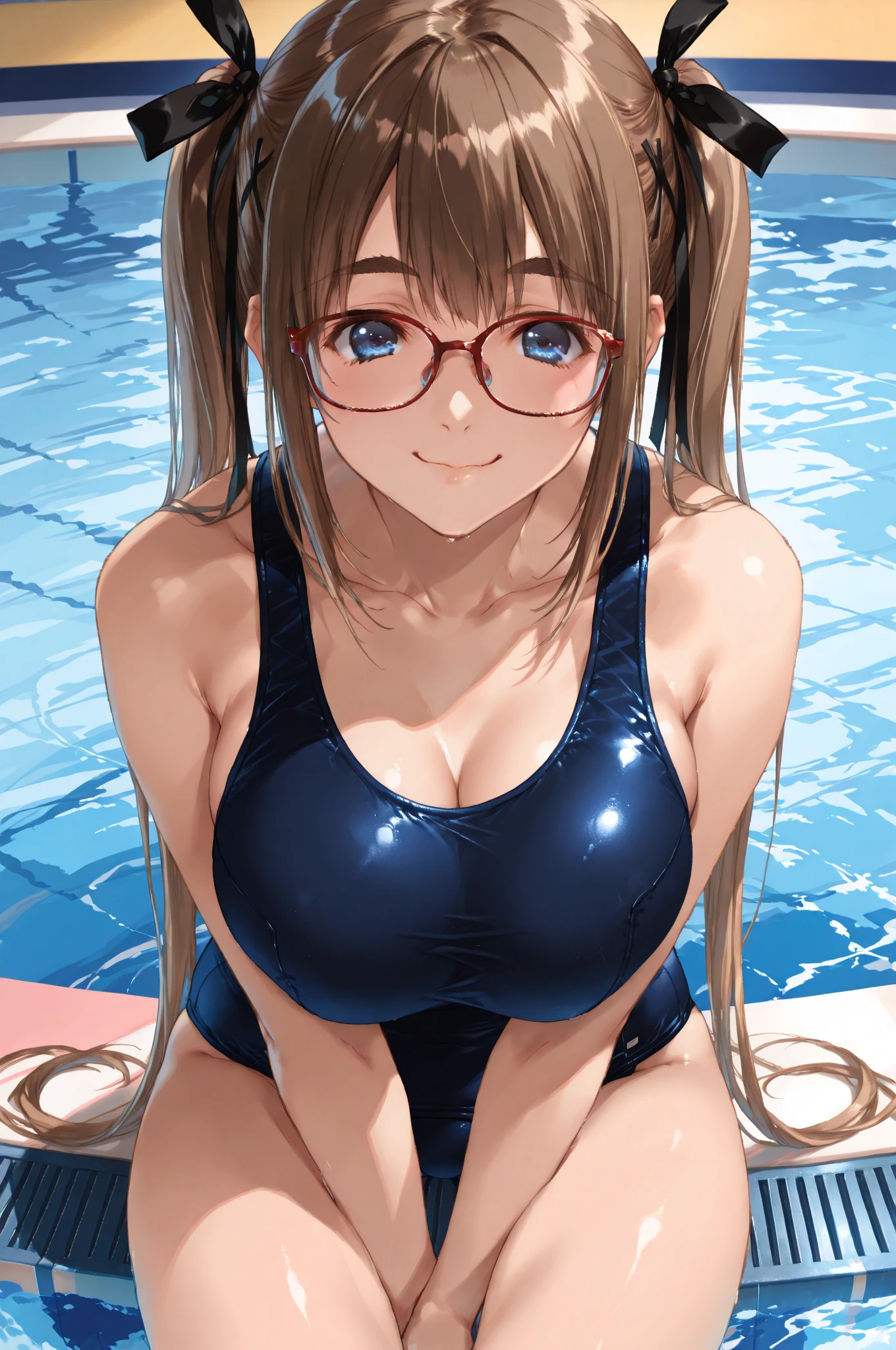 (Highest quality, 8k, 32K, masterpiece, Ultra-high resolution,:1.2),born, One girl,Super cute , Natural light,Clear, shining eyes, 20-year-old ,Fair skin, Brown Haired Girl, Woman warrior, Sexy pose, An innocent smile, School swimming pool, A fantasy background reminiscent of an electronic world, Long Hair, Long Hair, Large Breasts, adult, School Swimsuit, Ocean, Ocean岸, School swimsuit, Glasses