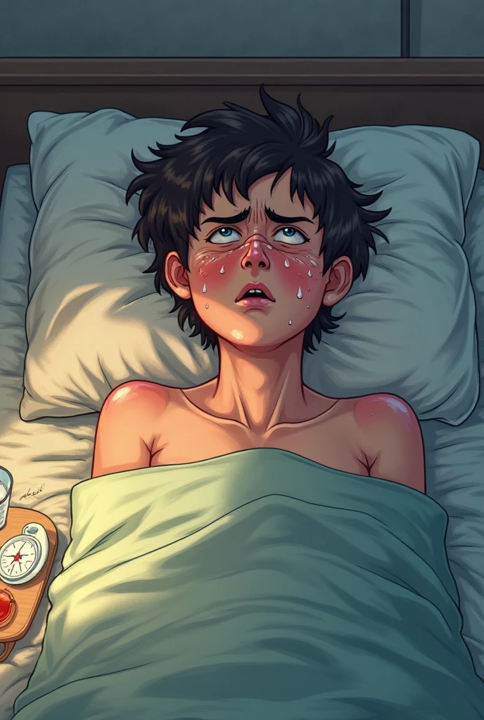 A woman is lying in bed, wearing nothing, red cheeks, no make-up, long eyelashes, embarrassed expression, embarrassed expression, short curly hair, soft light. , emphasize the face, masterpiece, highest resolution