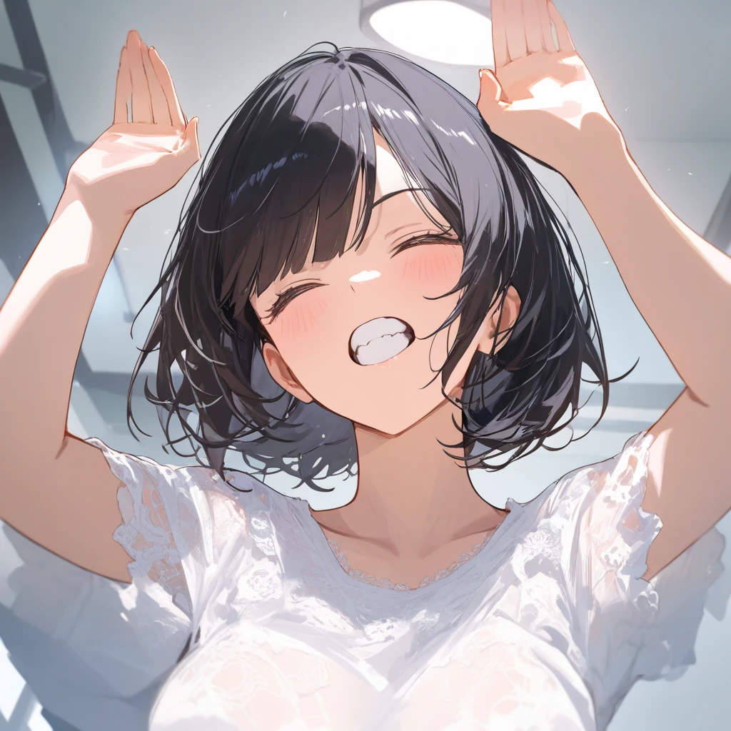 looking ahead,from above,slouch,handjob,side view,face focus,open mouth,tongue out,cum on tongue,Licking a white dildo,(1girl,Beautiful 14 year old girl),((Slender,Small breasts,Baby Face,Small face,)),looking at viewer,Black Hair,bangs,two side up,Gray Eyes,Drooping eyes,slit pupils,narrow eyes,ollarbone,white t-shirt,off-shoulder look,Denim mini skirt,Beautiful and detailed anime art,Mischievous smile,Dimly lit room,Simple Background,Gray background,Low lighting
