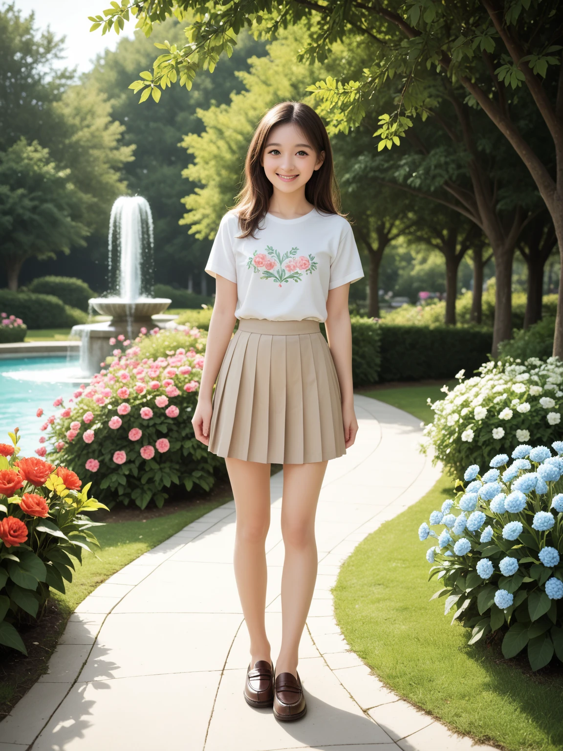 8K, masterpiece, russian, 10-year-old girl, facing front, innocent facial features, gentle eyes, childlike body, tankto, very short skirt, semi-long hair, daytime, bright, tulip field