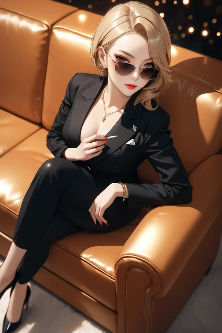 (best quality,4k,8k,highres,masterpiece:1.2),ultra-detailed,(realistic,photorealistic,photo-realistic:1.37),serious,professional-looking,dominant woman,(elegant tailored suit, tailored suit), sitting on a sofa, legs crossed, hyper-realistic, elegant tilt of the head, white hair realism short