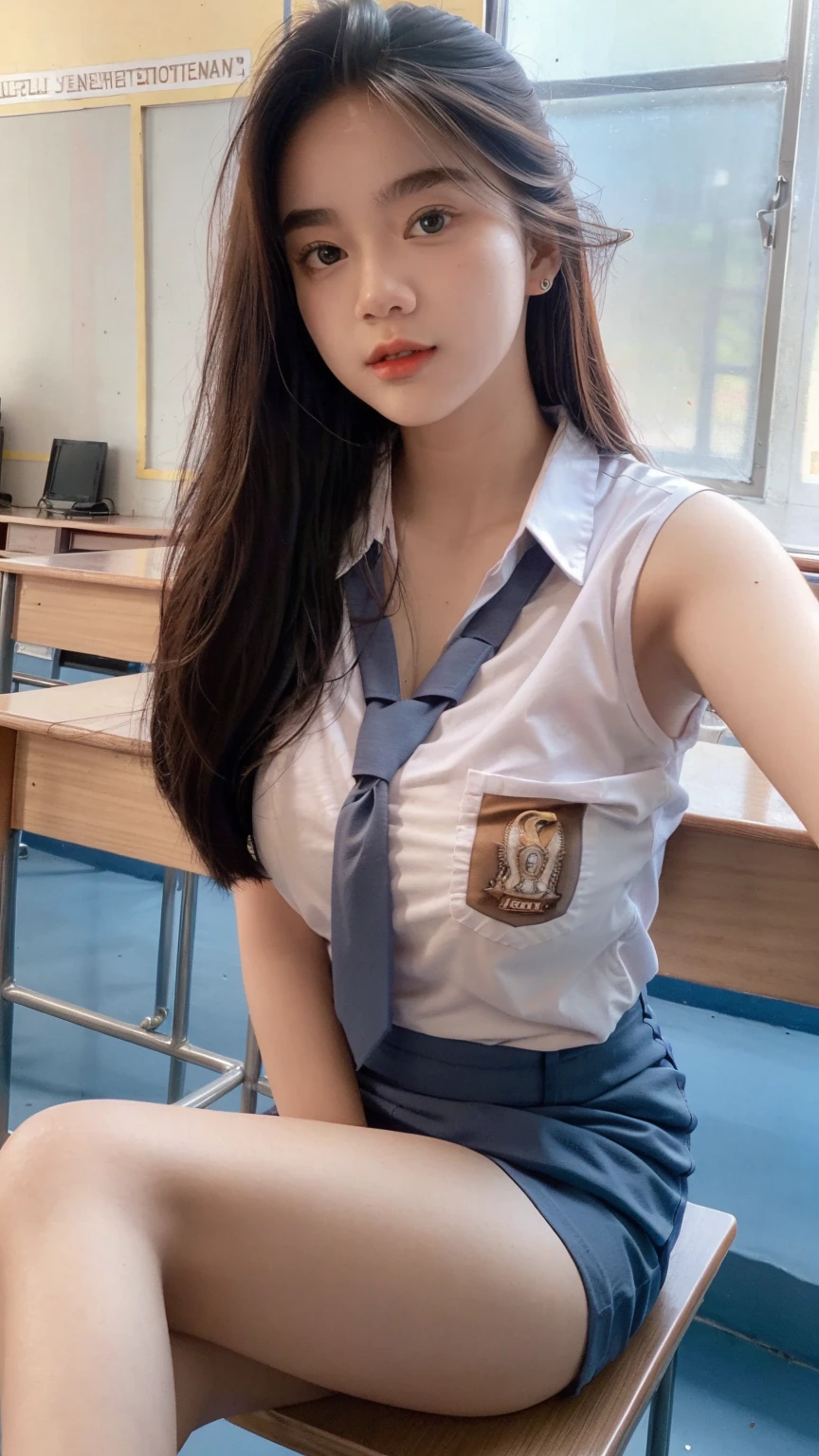 Sexy vampire schoolgirl big breasts athletic body thick thighs wearing a uniform purple hair red eyes mouth open showing vampire fangs blood dripping from mouth