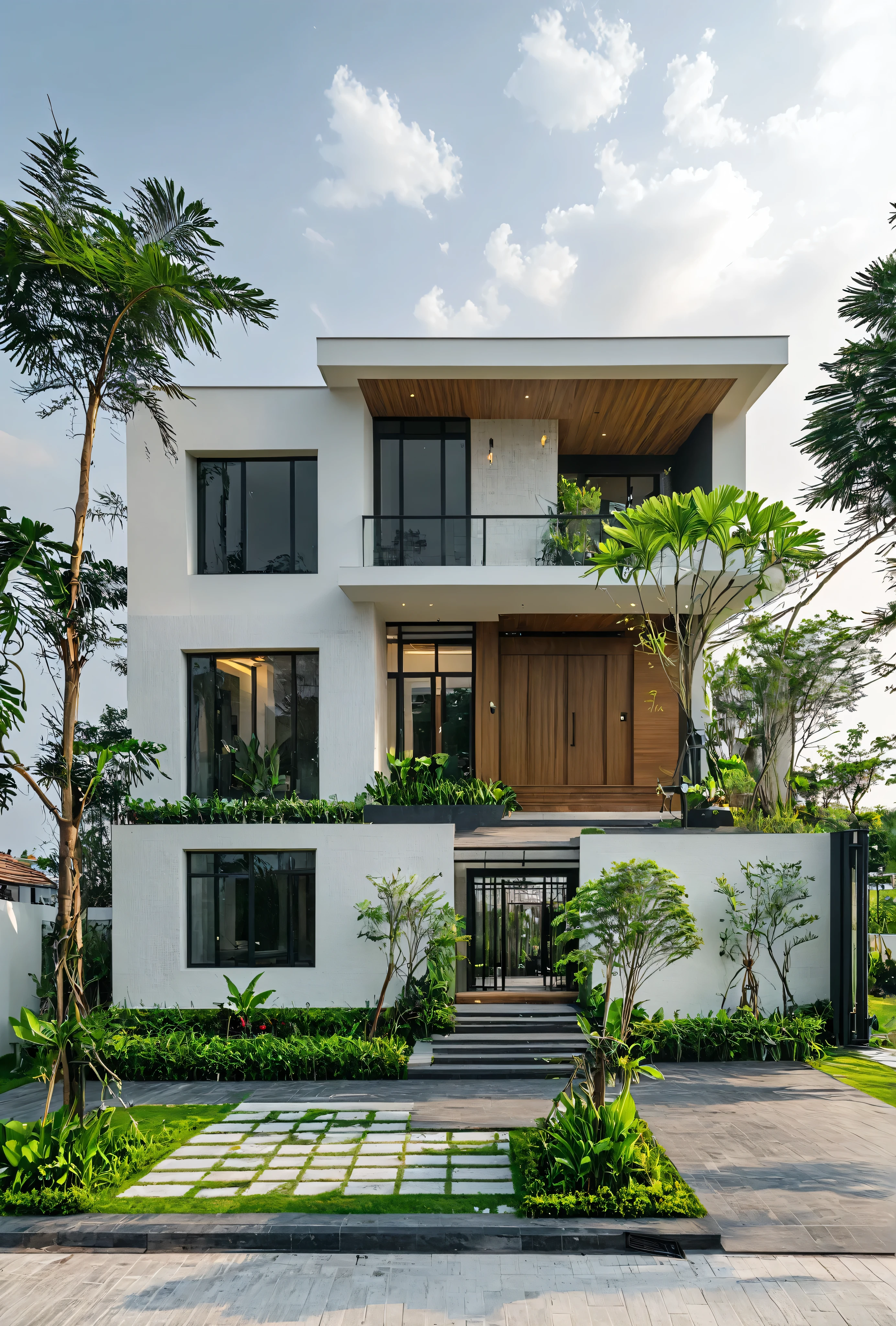 Masterpiece, high-end, best quality, authentic, super detailed, outdoor, aiaigroup, neoclassical villa style, stairs, white walls combined with conwood, wind encaustic tiles, green tiles, iron gates, conwood ceilings , flowers, path, summer evening, grass, trees, sky, clouds, (daylight: 1.1)