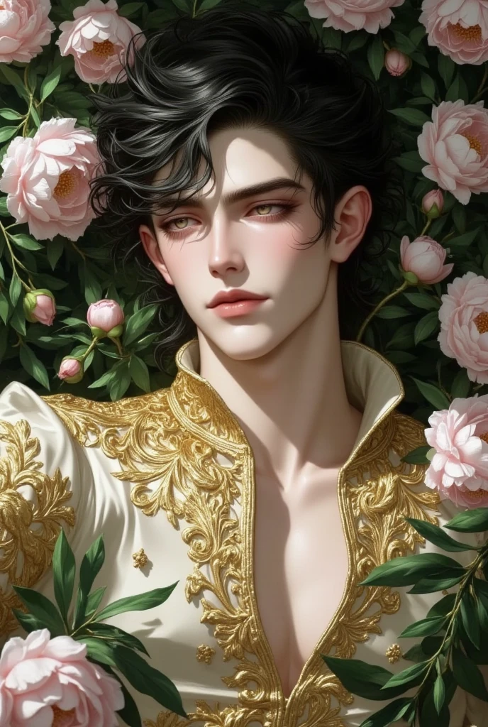 score_9, score_8_up, score_7_up, score_6_up, score_5_up, score_4_up, Male standing in his palace, mature, masculine, slim body, skinny, large shoulders, large pectorals, small belly, smooth skin, pale skin, black hair, short hair, undercut, short curls, black eyes, blushing, pink lips, wearing a white toga, revealing attire, sexy attire, silver jewlerry, silver necklace, silver earings, silver bracelets, silver crown, big nipples, roman empire, roman classic era, smiling, torso shot, gr33n, plant, flower, Expressiveh
