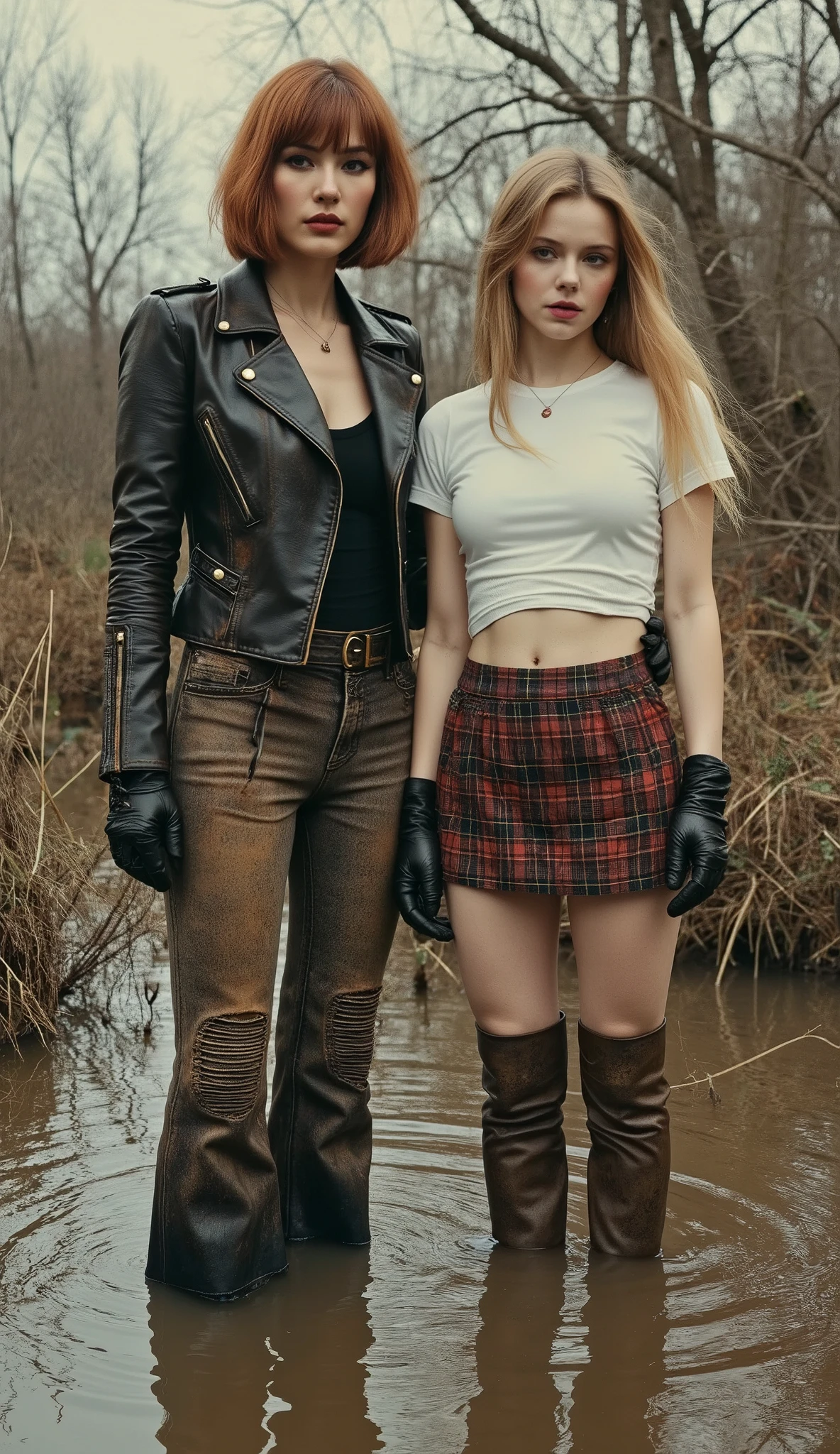 1970s exotic erotic style poster illustration, (1 woman, mid-aged, 40 years old, with bags under her eyes, copper-brunette short haircut, in a faded rough leather torture jacket and faded ugly tight flared biker rough leather torture jeans with laces, gloves) and (1 girl, fragile, 20 years old, long blond hair, sports T-shirt, Tartan skirt and over-knee boots, a gloomy expression of orgasm). drowning standing in sludge bog, they have pale skin, dark orgasm.