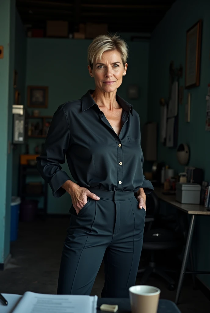 Mujer arafed con camisa azul y falda negra parada frente a un escritorio, suzanne engelberg, debora, Barbara Hammer, diana levin, Jane Rosenberg, Nancy Grossman, julia sarda, juez judy, louise dalh - lobo, valentina remenar, elena masci, marta rosler, serena malyon, niele toroni, barbara hemp