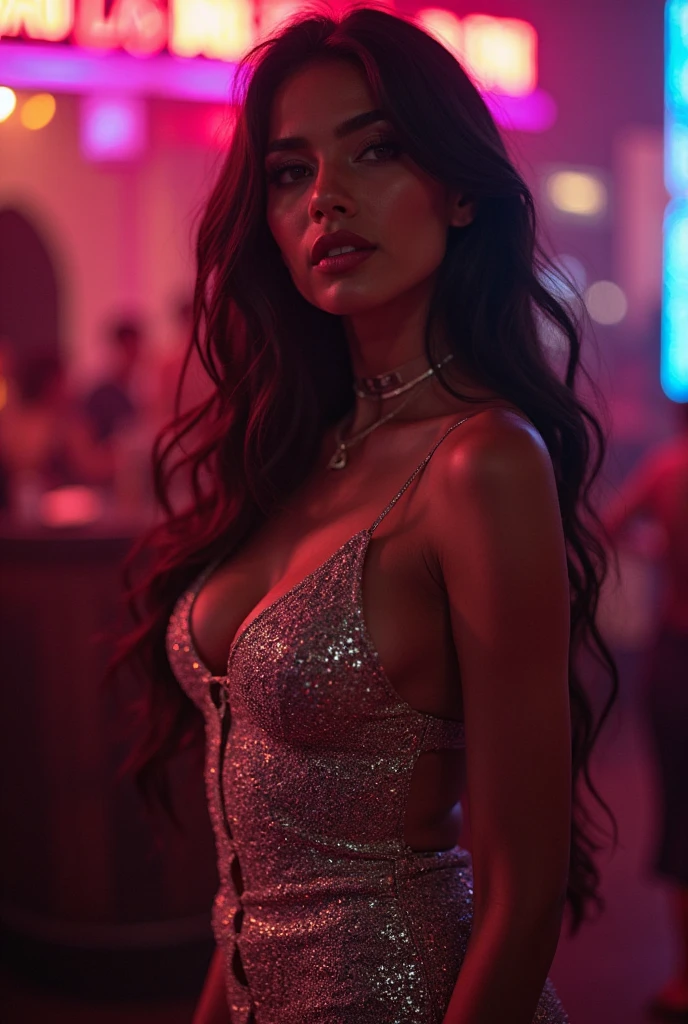 A Brazilian woman in a glittering nightclub, wearing a tight, low-cut dress, with a close-up of the seductive lines of her breasts and the neon lights reflecting off her body, highlighting its charm and the vibe of the night.