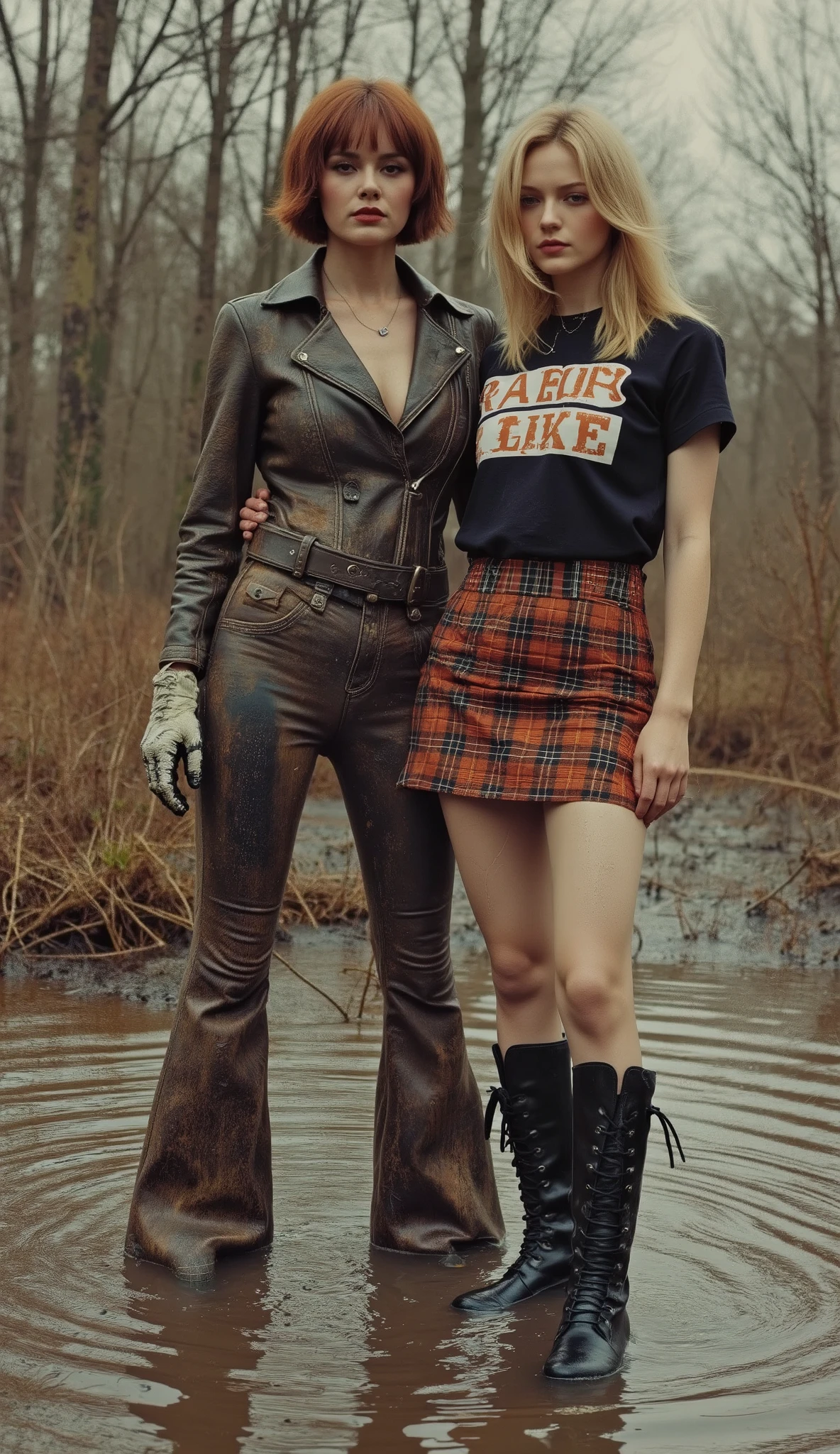 1970s exotic erotic style poster illustration, (1 woman, mid-aged, 40 years old, with bags under her eyes, copper-brunette short haircut, in a faded rough leather torture jacket and faded ugly tight flared biker rough leather torture jeans with laces, gloves) and (1 girl, fragile, 20 years old, long blond hair, sports T-shirt, Tartan skirt and over-knee boots, a gloomy expression of orgasm). drowning standing in sludge bog, they have pale skin, dark orgasm.