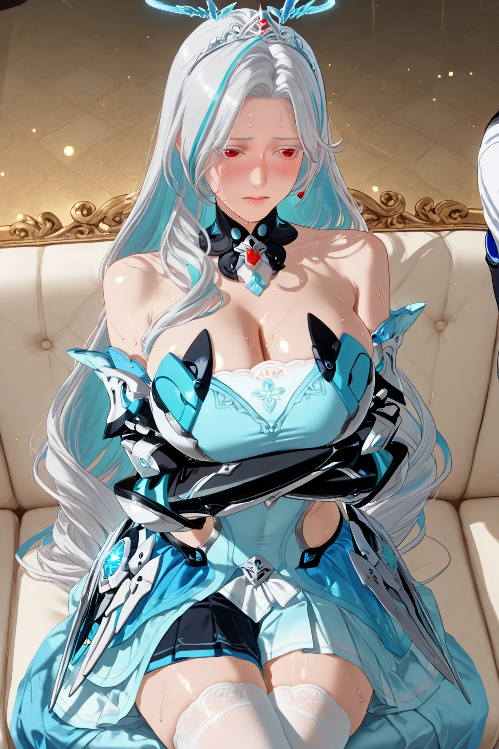 absurdres, highres, ultra detailed, (ultra-detailed background, detailed background), extremly detailed,(from above:1.2), 
1girl, grey hair,lying into water,huge breasts,absurdly long hair, (half naked:1.2), (zentangle:1.35), (geometric:1.2),