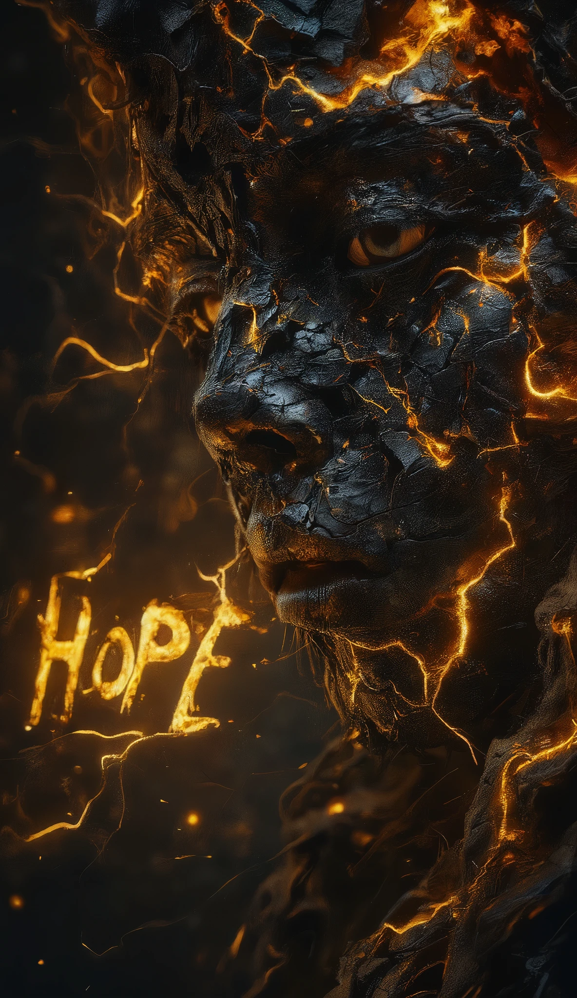 Realistic, Masterpiece, 32k, Close-up portrait of a young adult, likely female, with a deeply textured and distressed face. The skin appears cracked and scarred, like dried earth or volcanic rock, with visible lightning-like fissures and golden light emanating from within. Intense golden light highlights the cracks, emphasizing the distressed quality of the face. The eyes are dark and intense, with a contemplative expression, and the mouth is closed in a neutral pose. The face is positioned slightly downward, and the subject appears vulnerable and contemplative. The overall tone is dark and dramatic, evocative of a post-apocalyptic or otherworldly atmosphere. The word "HOPE" is subtly lit, with its letters slightly glowing against the darker background, adding a sense of mystery and resilience. The image has a highly detailed, painterly style, and employs dramatic lighting to accentuate the textures and cracks on the face. The colors range from deep blacks, muted grays, and intense golden highlights, creating a moody and suspenseful atmosphere. Highly detailed, ultra realistic, dramatic lighting. Detailed, high-quality image, photorealistic, 32k resolution --ar 1:1 --q 2 --s 750, ((hope)), golden hour lighting, cinematic moody atmosphere, masterpiece, 32K, ultra-detailed, physically-based rendering, vivid colors, dramatic lighting, warm color palette. Employ rich sepia and rich indigo undertones to echo the rustic glow of firelight in a dim setting.