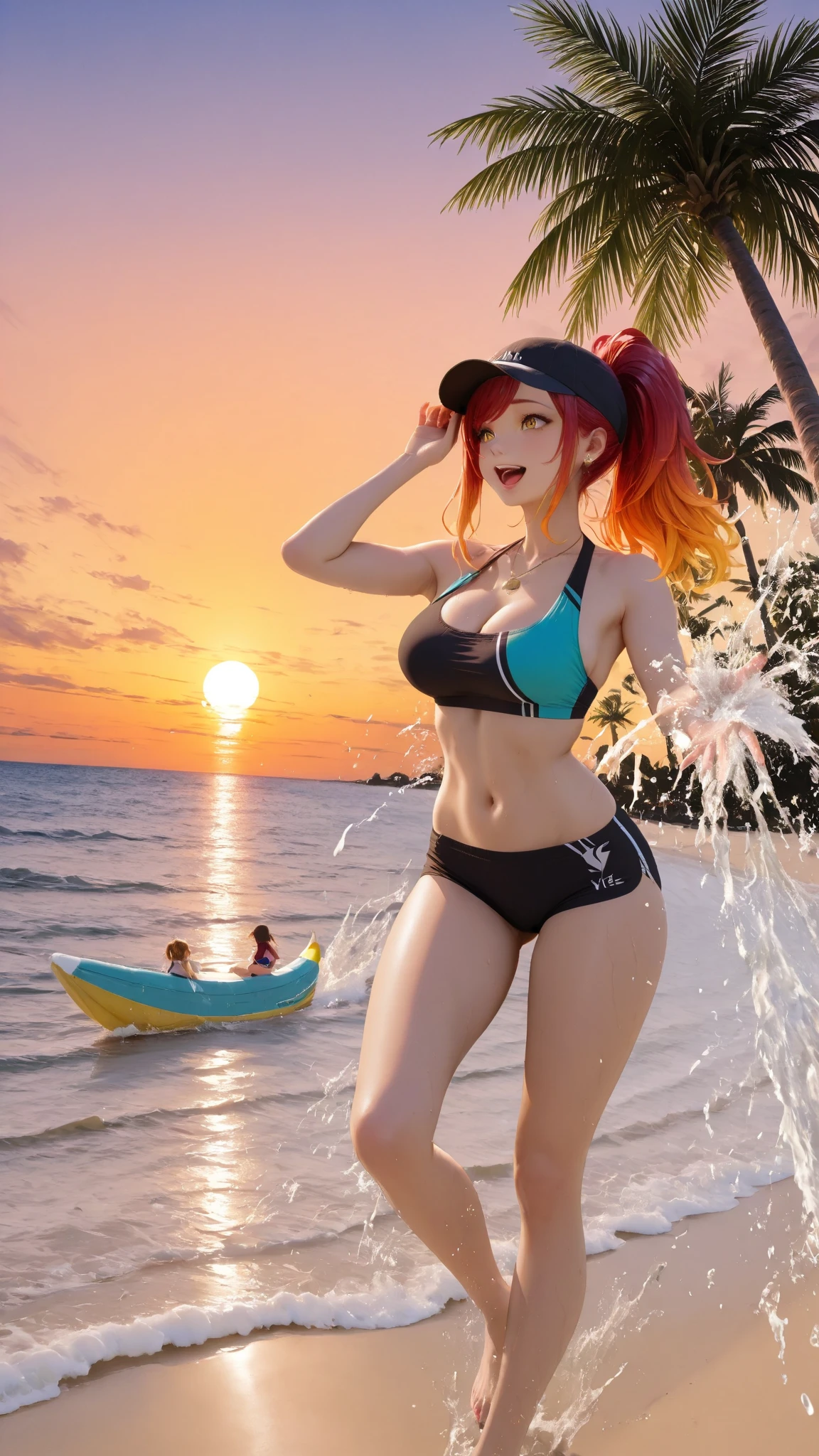 redhead hair, bikini sunglasses, long hair Slavic appearance super model baseball cap