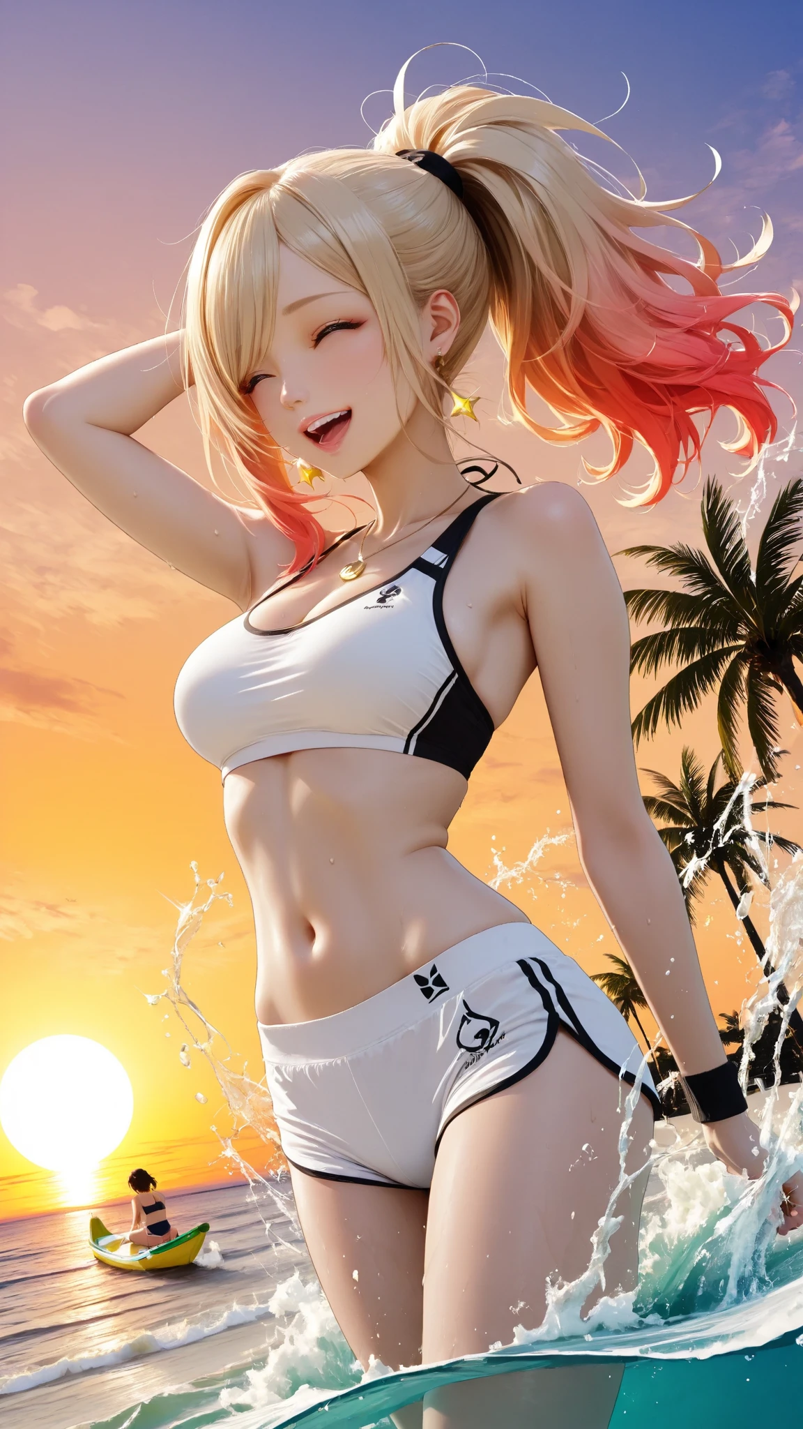 Portrait Rendering, Smooth Anime CG Art, Rin,render of a cute 3d anime girl,summertime,Smiling blonde twintails with drenched t-shirt and red earrings over blue bikini、Entering the sandy beach,Angle from the side from a distance,full bodyesbian,