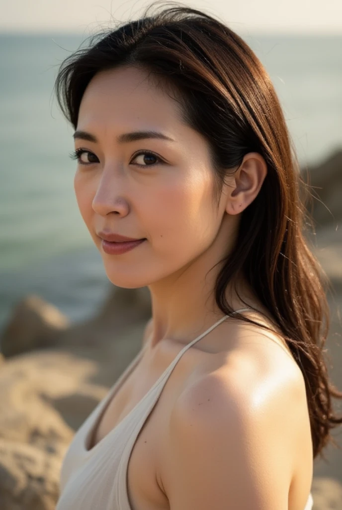 masterpiece, highest quality, High resolution, Photorealsitic, Raw photo, 8k wallpaper, perfection, Professional Lighting, Outdoor, Very detailed, Depth of written boundary,beach、Sandy Beach、sunset, ((One beautiful woman, Japanese Mature)), (48yo)), Female Sexy, Detailed face, Beautiful Eyes, Bangs, Shapely breasts, Boob Emphasis、I can see her cleavage、Light brown straight hair, Faint lips, ((Stand in front、Staring at the beholder、Serious face eyes。)), White Dress, Cowboy Shot。
