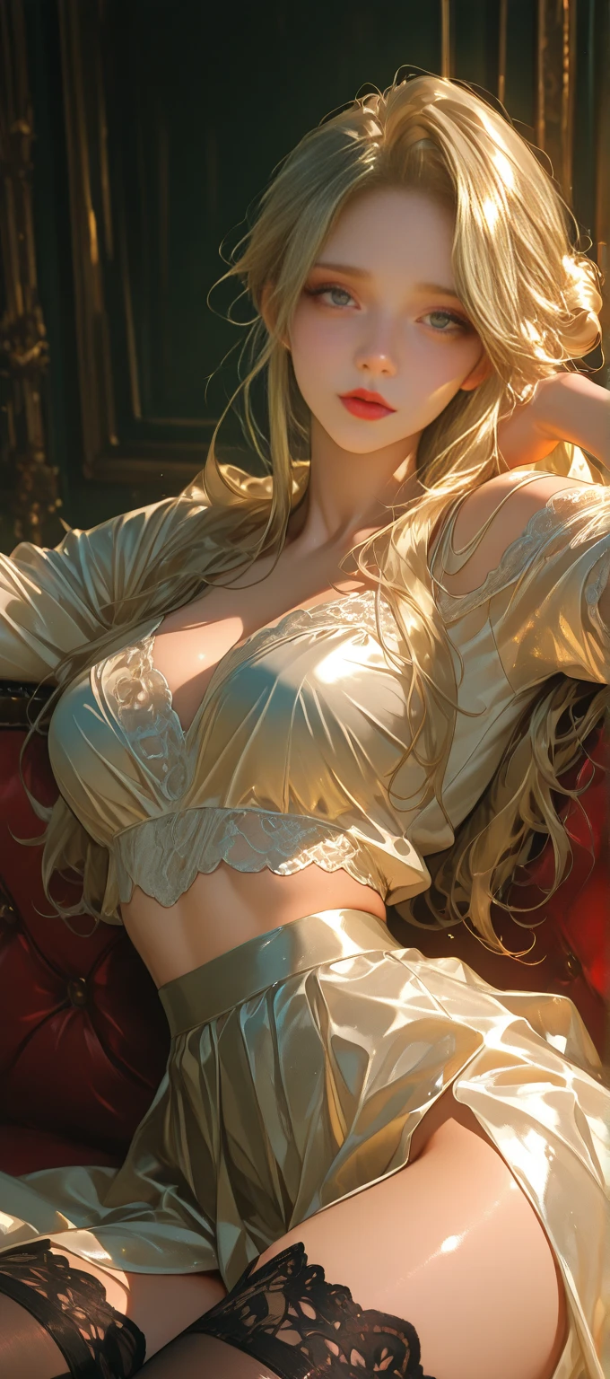 (realistic photo), attractive blonde young woman, detailed eyes, luscious lips, topless, solo, erotic, sexy, ((sexy_pose)), see-through lace underwear, big, skin tight, soft looking big, the tip of the is clearly visible, the body line is very sexy, the crotch is wide open, you can see the shape of the tip of the, the areola can be seen through, Pubic area clearly visible, bra strings tugging with hands, underwear that is wet and sticks to skin, lying on bed