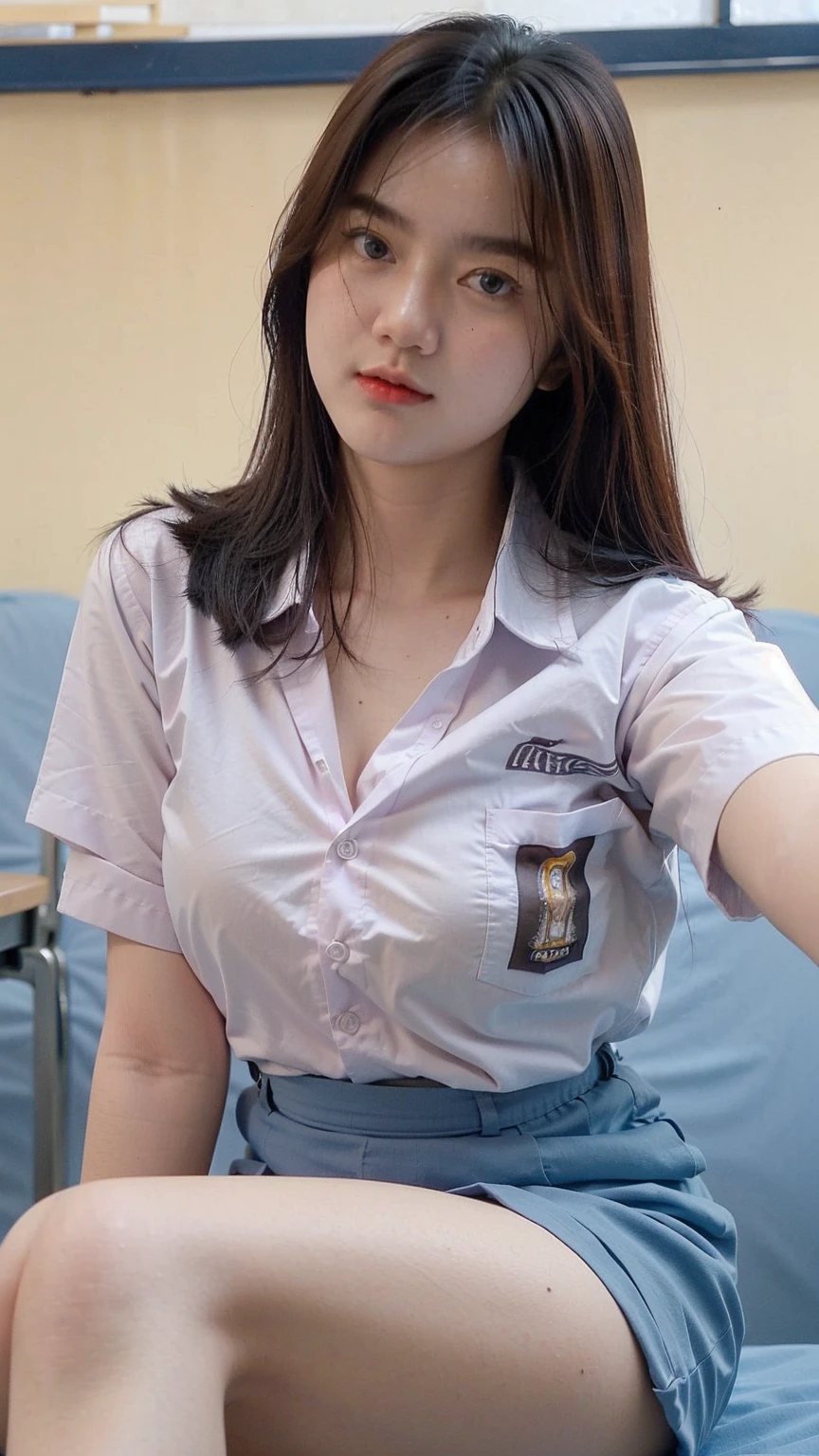 (best quality,4k,highres),ultra-detailed,realistic,cosplay,student uniform, unbutton clothes, unbutton shirt, mini skirt, skirt lift up, open legs,beautiful woman,big breasts, show nipples detailed, dark hairy pussy, pubic hair,vivid colors,portrait,soft lighting