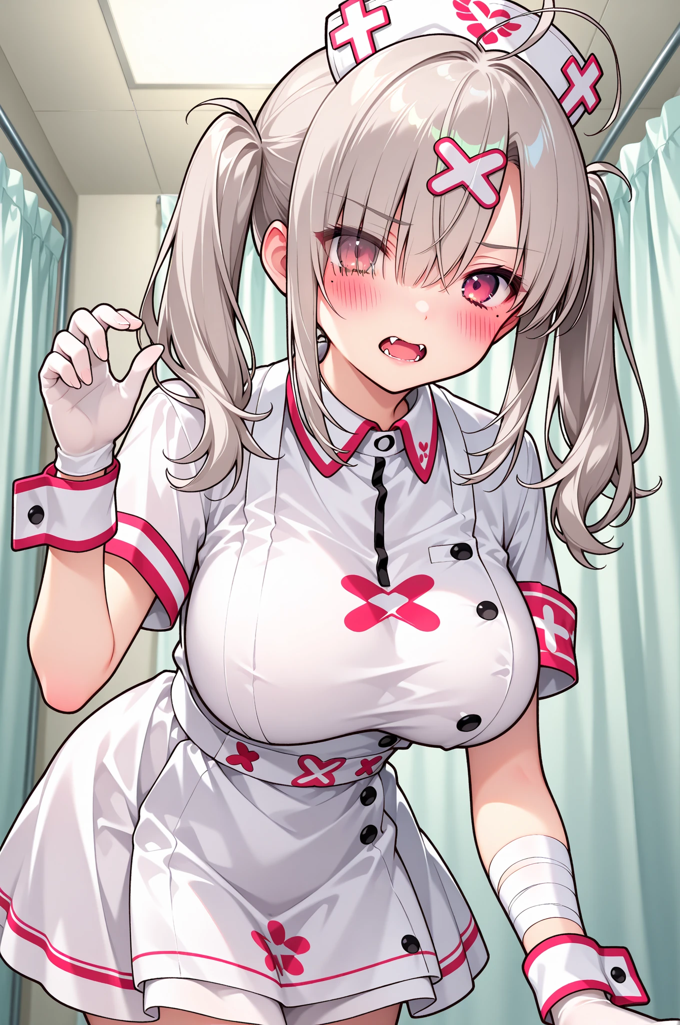 origin, Null Cap, Bandaged_arm, One girl, alone, Upper Body, masterpiece, Highest quality，masterpiece, Highest quality, High resolution, huge breasts，Titty fuck，Virtual YouTuber，Vtuber，nsfw，bare breasts，penis，paizuri，breast squeeze，1boy，blush，blush，Big Tits