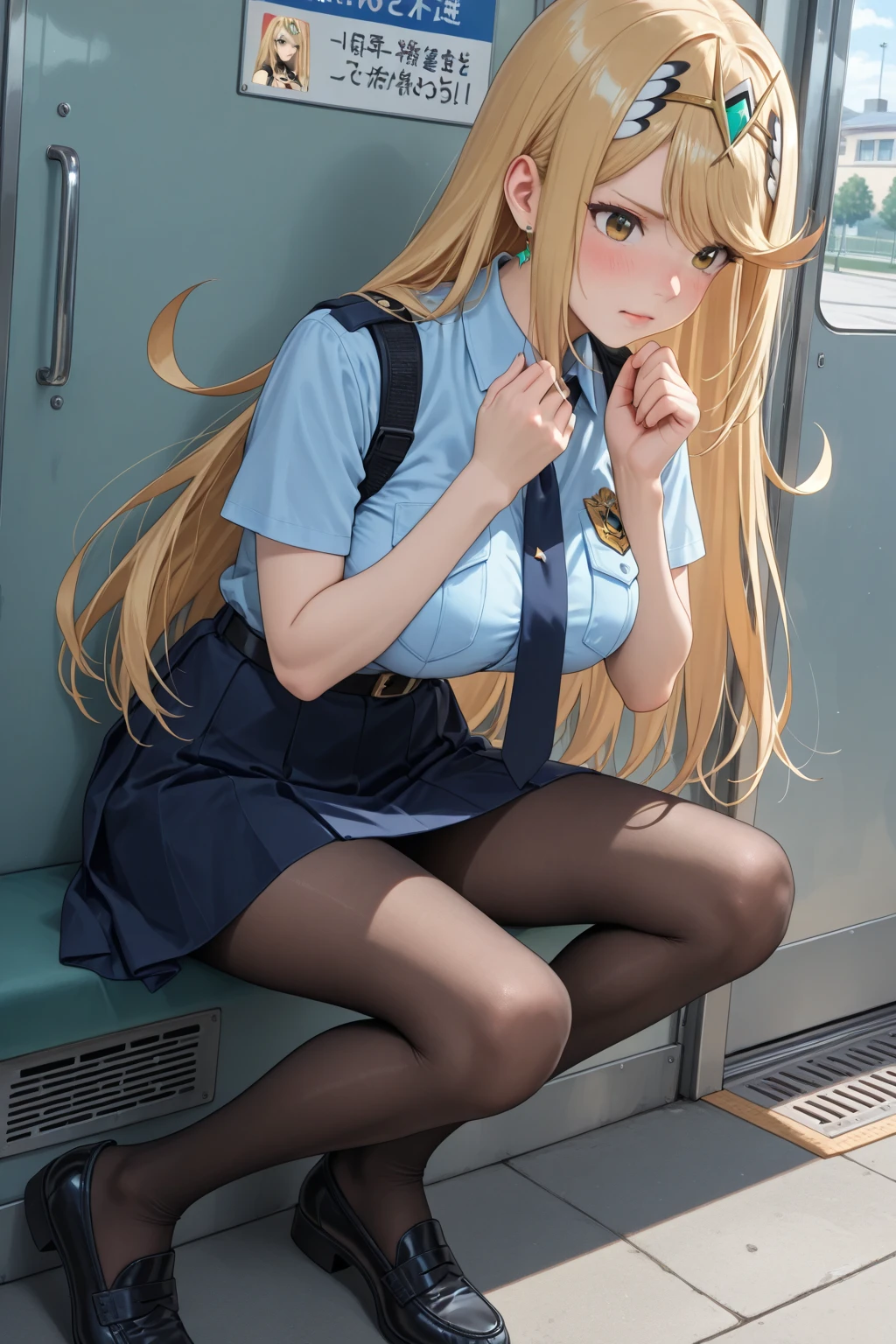 (A beautiful young Japanese woman), nsfw, Detailed Background, (((独奏))), ((Excellent anatomy: 1.2)), (Blonde, long hair), Big Tits, (dark skin:1.7), (green eyes), (Beautiful Eyes), (((Short sleeve white shirt, Beige cardigan, Blue short tie, Gray pleated mini skirt, String Panties, loose socks, loafers))), (cleavage), (Black Panties:1.5), grin, Earrings, on the train, train interior, front view of front sear, (looking away:1.4), (staring at smartphone:1.7), (sitting:1.3), (skirt:1.3), show off panties, (cameltoe:1.2), cowboy shot.