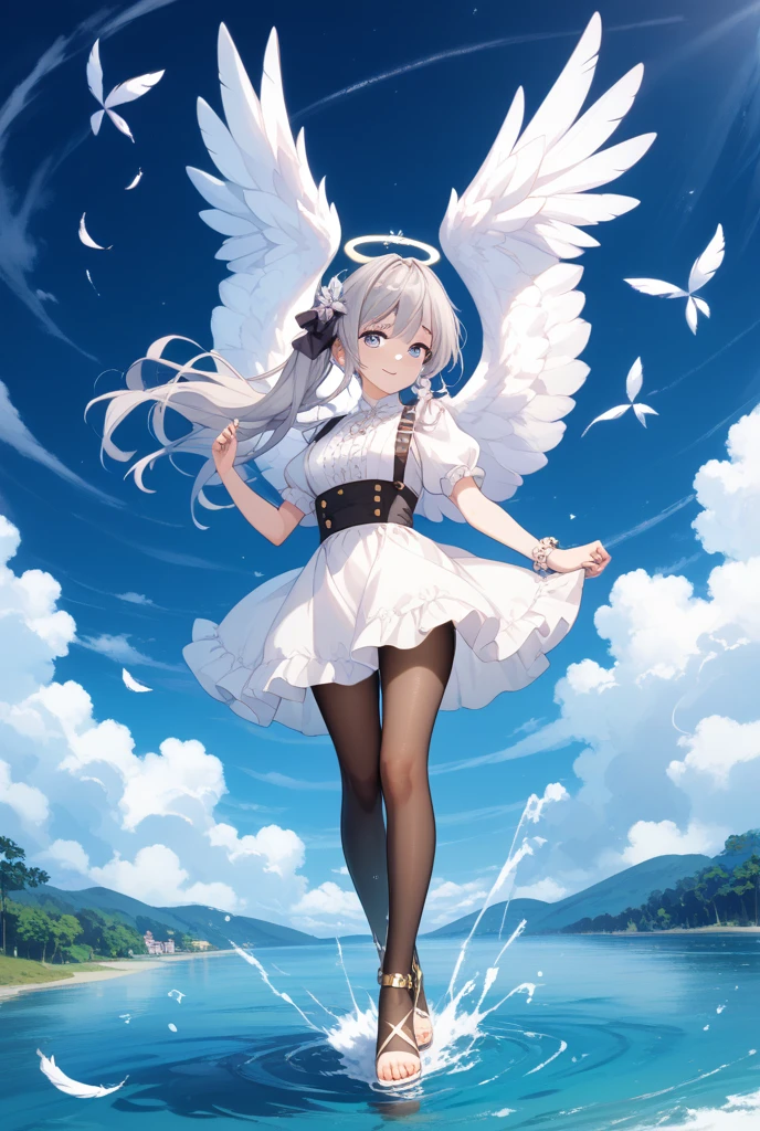 (masterpiece:1.3), (absurdres:1.3), (best quality:1.3), (ultra-detailed:1.3), snow, (((Snowfield))), full body, waving, smile, 1girl, nagisa-fi, halo, white wings, long sleeves, white dress,Gothic Lolita maid outfit、 capelet, white skirt, black pantyhose, white high heels,Big angel wings、Big Wings、Floating in the sky、Floating in the air、Ultra-slim legs、((Amazingly cute))、White panties are visible、Wears thin-framed glassey panties are stained with my love juices、Glasses、