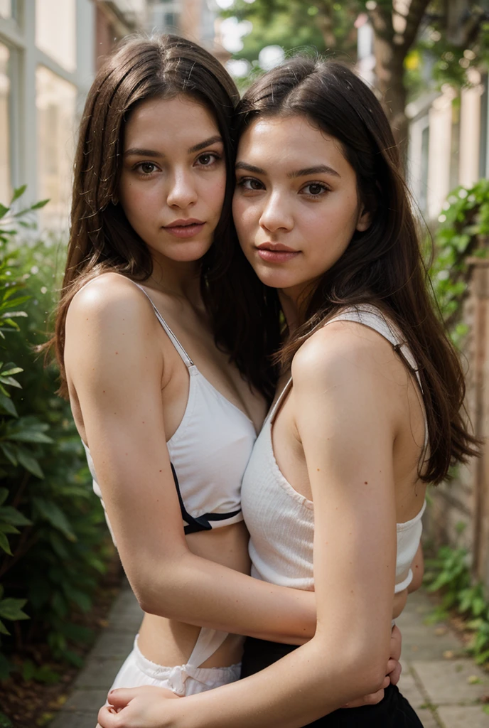 ((best quality)), ((masterpiece)), (detailed), perfect face, symetrical face, two girls, 15 years old, wearing tight white tank tops, bra lines, cleavage, making out, kissing seductive, brunette and blonde straight shoulder length hair, stunning, minimal makeup, athletic, slightly tanned, stunning, eyes locked on viewer, large breasts, full bodies visible, muscular, thighs