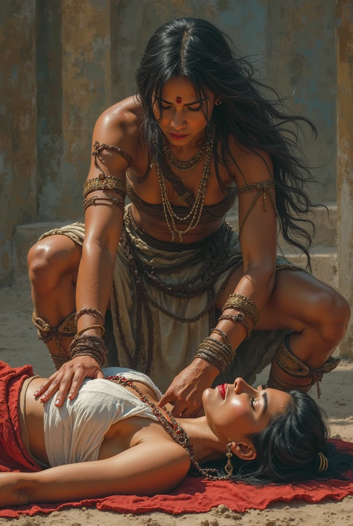 Draw a muscular indian warrior queen breastfeeding a skinny man, he lying in her lap, she crying teras dripping from her eyes