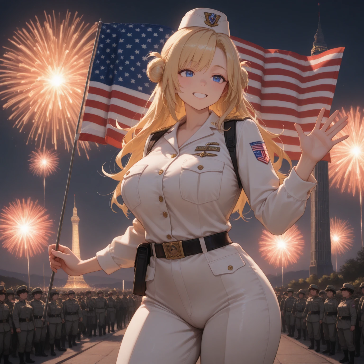 A woman wearing a blue dress with a red stripe and red stars pattern, exposed shoulder, silver hair, short hair, weak blue eyes, smiling, big breasts, wearing a white fur cape, perfect face, holding an iron bar with the flag of the United States , red heel, postured standing in a garden of the white house, white house of the united states, night place, lawn around,,UHD , prime work , accurate , anatomically correct , textured skin , super details , high quality , best quality, 8k, high resolution, bokeh effect. (woman alone)