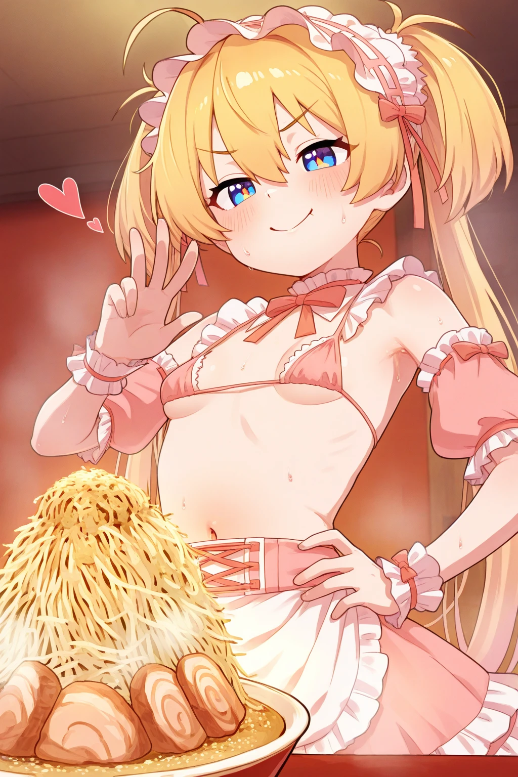 nsfw,(Petite),(Crossdresser),((Penis in crotch)),Solo masturbation,blonde low twintails,lips,Sweat,White Breath,(((ejaculation))),Ecstasy face,Naughty sound effects,Maid clothes,(Touching the nipples)