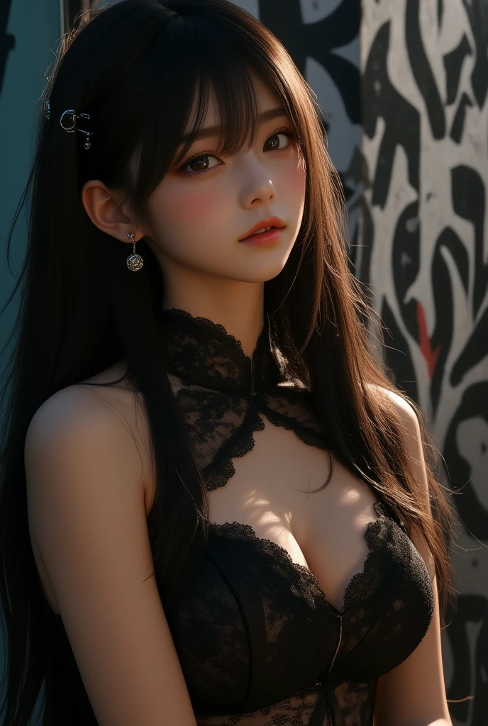 (best quality, high resolution, Practical:1.2), Dramatic Lighting, Oil, Delicate skin texture, Flowing long hair, Elegant Posture, Vibrant colors, Fine brushwork, image, Practical makeup, Strong gaze, Beautiful, Complex background, Professional Illustrations、((Lace fabric1.5)))、Medium Breasts 1.5、Sheer Dress 1.4、Tie your hair up。