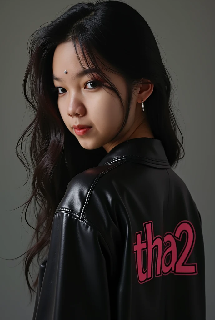 She's standing wears black t-shirt that has a text PBM, there's a dragon in her back with a black and pink theme