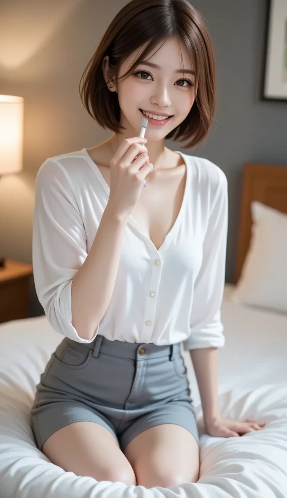 High-ranking women、grinning expression、wearing a white shirt、studio photography、inside the house、one woman、white button shirt、大きなwhite button shirt、various poses、gravure、Only sexy turquoise panties underneath、shot from the side、
