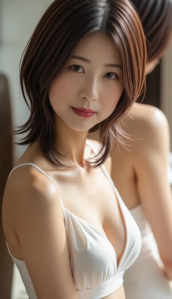((extreme close up)), side view, watching camera, A sophisticated bar setting exudes an atmospheric glow, featuring stylish dim lighting and a cozy ambiance. In sharp focus, a thin Japanese actress in her 20s, with tied medium, loosely curled brown hair, sits on a bar stool. Dressed in a white plunging neckline long relaxing dress, licking a short cocktail. The scene captures an elegant, intimate mood, enriched by warm lighting and rich textures, creating a masterpiece of visual allure., from side, UHD, masterpiece, anatomically correct, textured skin, super detail, nipple slip
