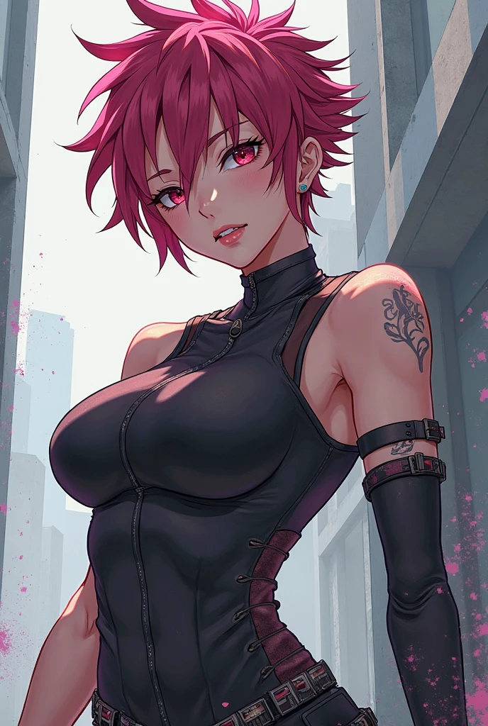 arcane style, 1girl,arm tattoo, portrait, asymmetrical bangs, bandaid, short hair, bangs, breasts, freckles, grey eyes, large breasts,cleavage, looking at viewer, neck tattoo, nose piercing, pink hair, scar, scar on face, solo, tattoo on face, detailed background, town, alley, dark alley, portrait, night,thick tights , angry, full body, close up, closed mouth, , ((masterpiece)), absurdres