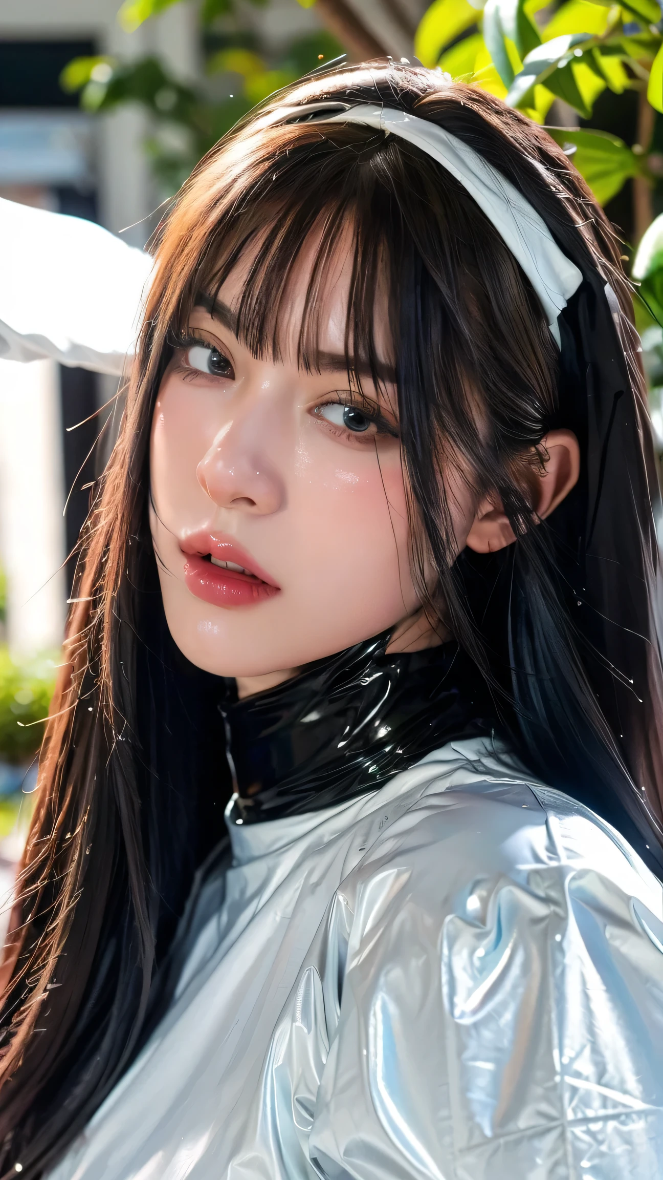 masterpiece,best quality,(cityscape:1.4),(street:1.4),(large breasts:1.3),(outdoors:1.3),(photorealistic:1.4),(ultra detailed:1.3),unity 8k wallpaper,1girl,solo, long hair,jewelry, latex bodysuit, latex gloves, necklace, nun, mingyuefuzhuang, kang yuna, black hair, lipstick, lesbians