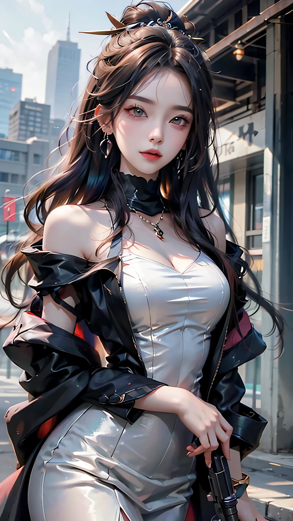 ​masterpiece、hightquality、Soio、beautiful model、Back lighting、beautiful hairl、A detailed eye、Bustier Top、twilight townscape、Powerful Hand Pose、low angles、14mm lens、sigma、F1,4、Depth of subject、8K High Resolution、细致背景、Drawing with enhanced hair details、A detailed face、more hair、Detailed nose、Detailed mouth、Detailed body、stares at the camera、Hair details