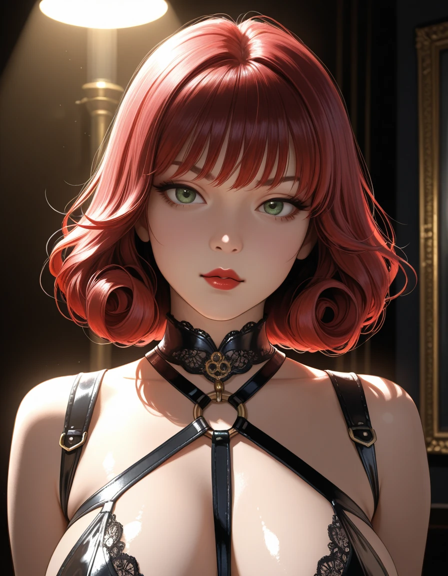 (realistic:1.37),dark short hair,mahagony-red curly hair,fringe,dgreen eyes,21 years old,shoulder-length hair,black clothing,black uniform,medium:oil painting,female portrait,open smile,vivid colors,soft lighting,studio setting,detailed brushstrokes,luminous complexion,gentle expression,subtle highlights,wispy hair strands,confident gaze,classic black and white palette,dramatic contrast,bold composition,hint of mystery,sophisticated elegance,professional pose,graceful posture,immaculate details,smooth skin texture,impeccable symmetry,subtle background with hints of darkness,mood of intrigue,sublime artistry