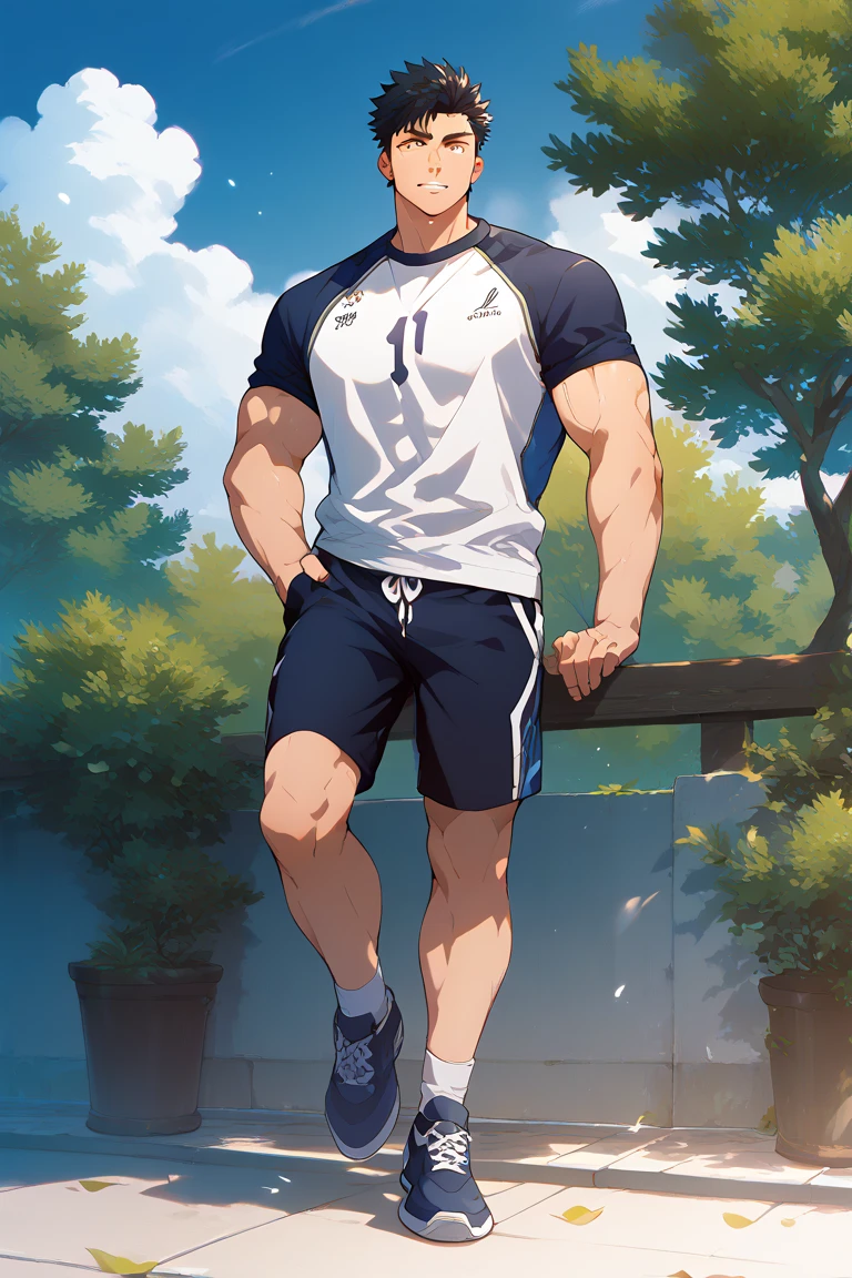 Handsome guy in white socks, abs boy, sunny handsome, anime male protagonist, male high school student, white socks, topless, sports shorts, full body photo