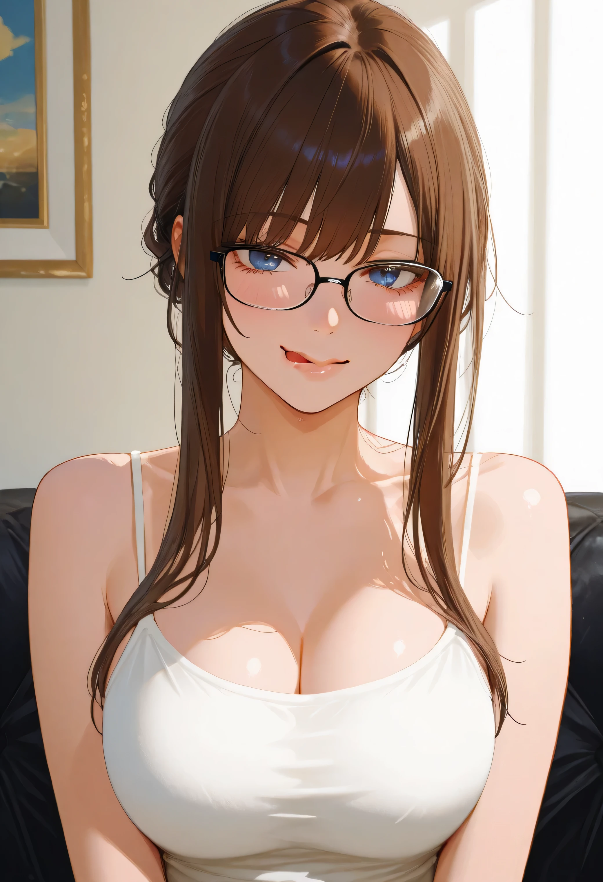 library, masterpiece, highest quality, (maximum resolution: 1.2), (Ultra HDTV: 1.2), cinematic light, Ultra HDTV, (detailed eyes and skin), (detailed facial features), nffsw, 8K resolution, sharp focus: 1.2, perfect body, Anatomically correct, beautiful face, double eyelids, thin eyebrows, natural lip color, 25 years old lady, cheeks are red, slender body, middle breasts, glasses, smile, pretty earrings, brown sweater(extra large size: 1.2), tight denim, she has a book