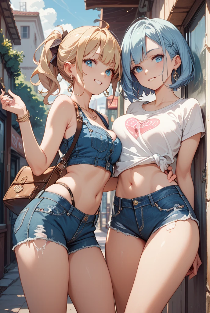((three girls are sticking out their big butt boldly)), (body shot), Outdoor Music Festival, Laughing with your mouth open, slender, hair band, Headband, hair bobbles, brown hair, blond hair, navel, jewelry, looking at viewer, necklace, long hair, short hair, Abdominal muscles, Thong,